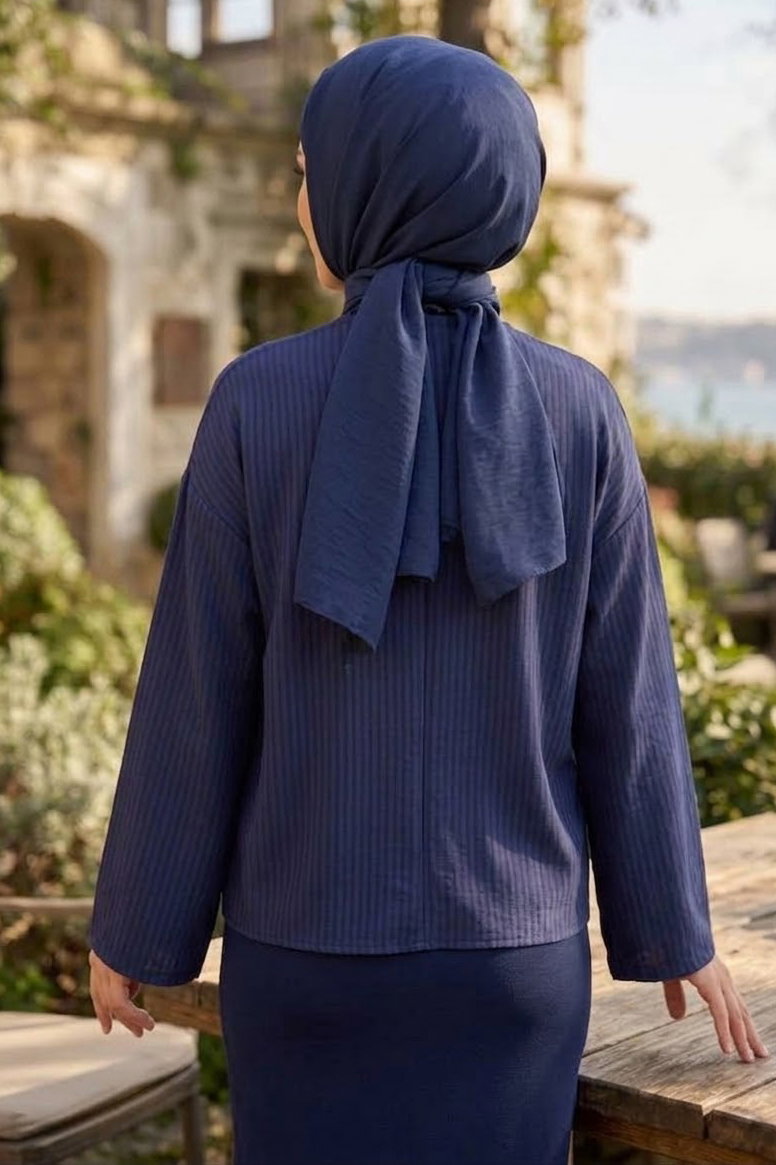 Çizgili Bağcıklı Kimono Lacivert - 28934-LACIVERT - 3