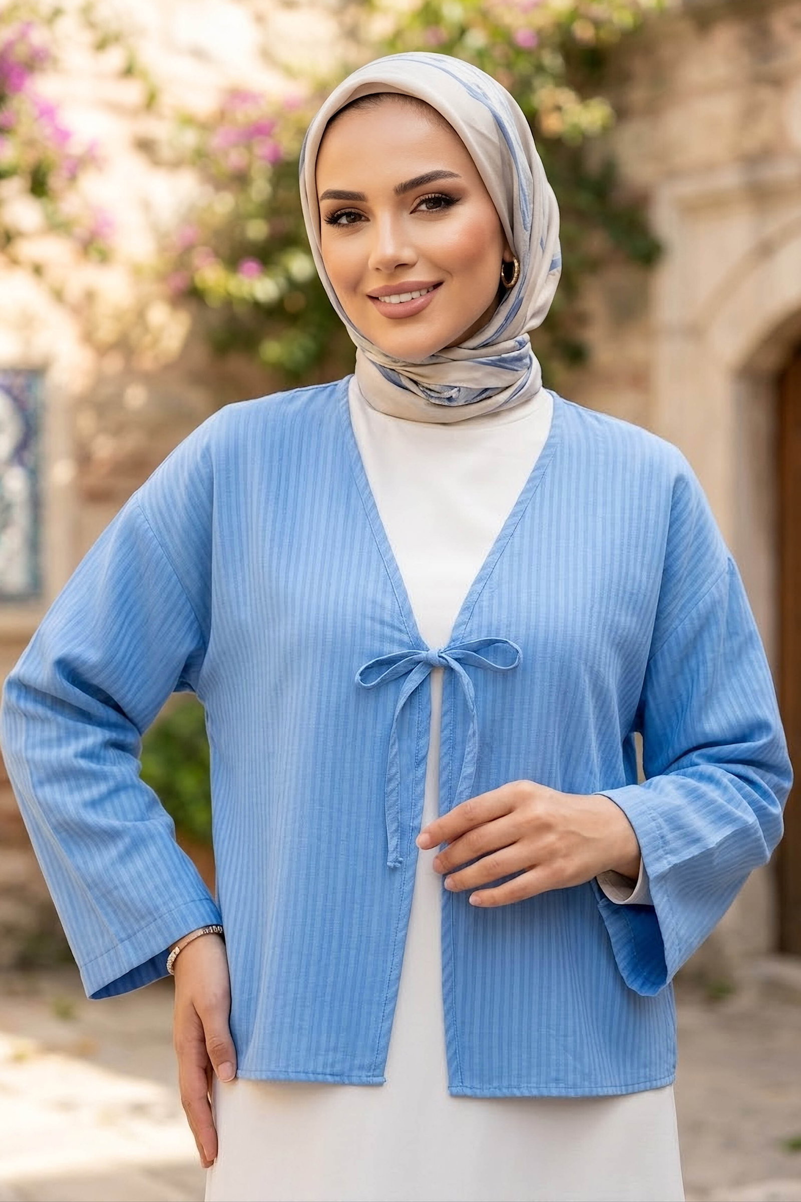 Çizgili Bağcıklı Kimono Mavi - 28934-MAVI - 1