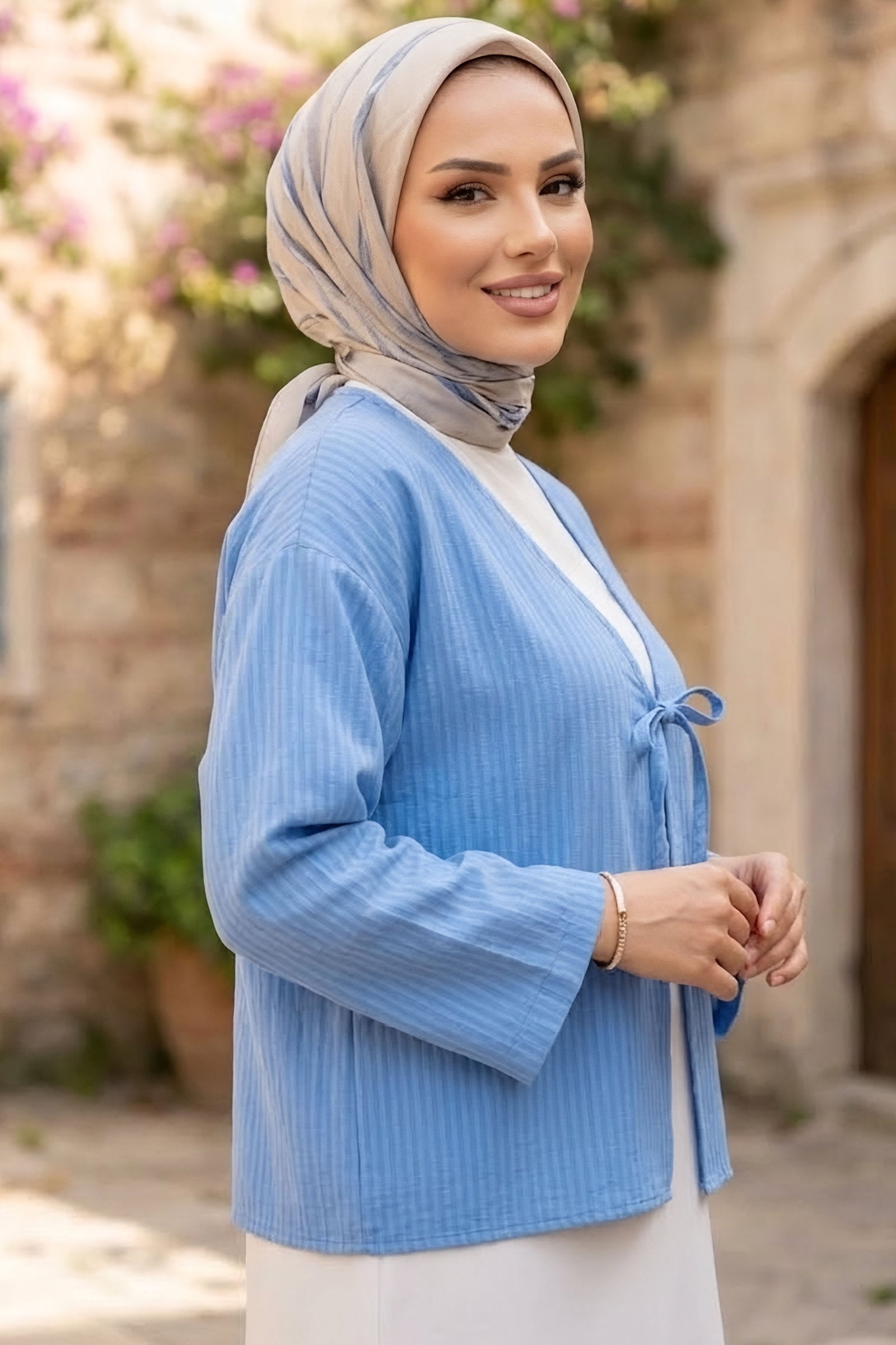 Çizgili Bağcıklı Kimono Mavi - 28934-MAVI - 2