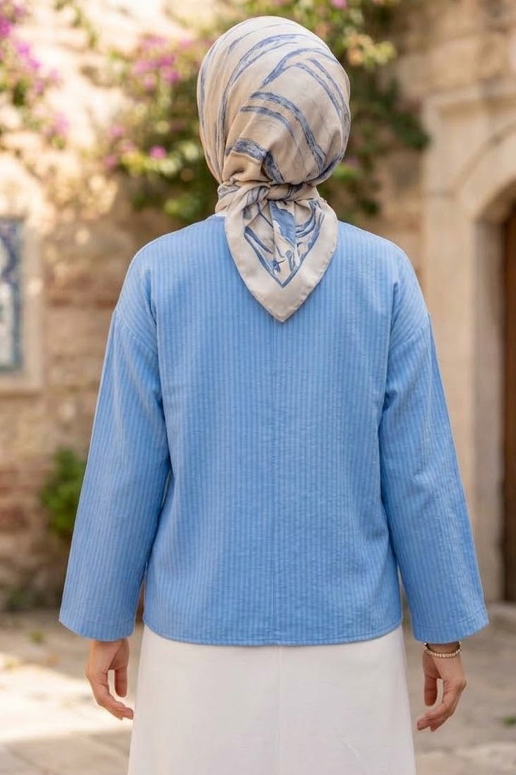 Çizgili Bağcıklı Kimono Mavi - 28934-MAVI - 3