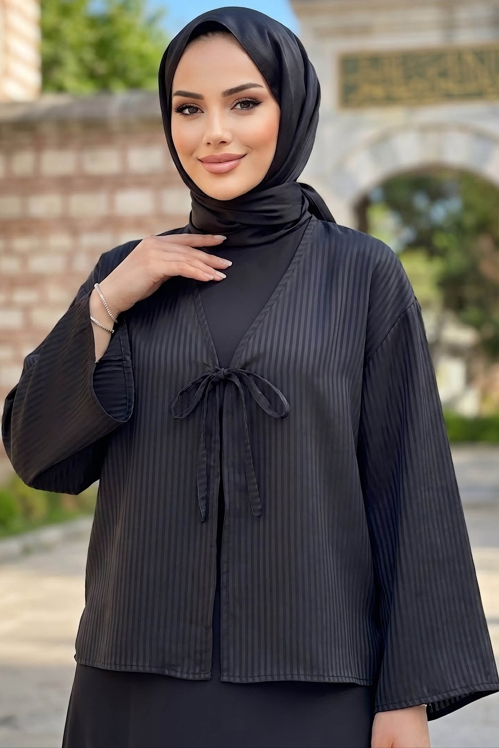Çizgili Bağcıklı Kimono Siyah - 28934-SIYAH - 1