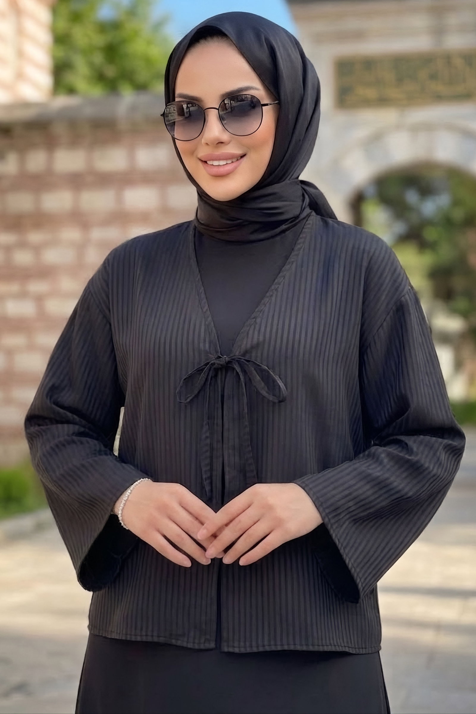 Çizgili Bağcıklı Kimono Siyah - 28934-SIYAH - 2