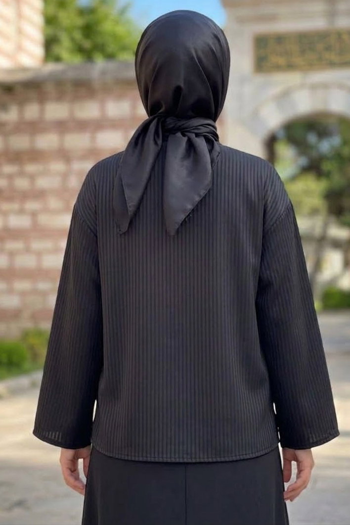 Çizgili Bağcıklı Kimono Siyah - 28934-SIYAH - 3
