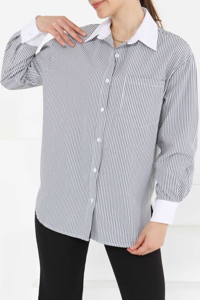 Çizgili Cep Detay Gömlek Gri - 27243 