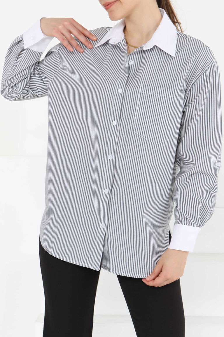 Çizgili Cep Detay Gömlek Gri - 27243 - TOFİSA