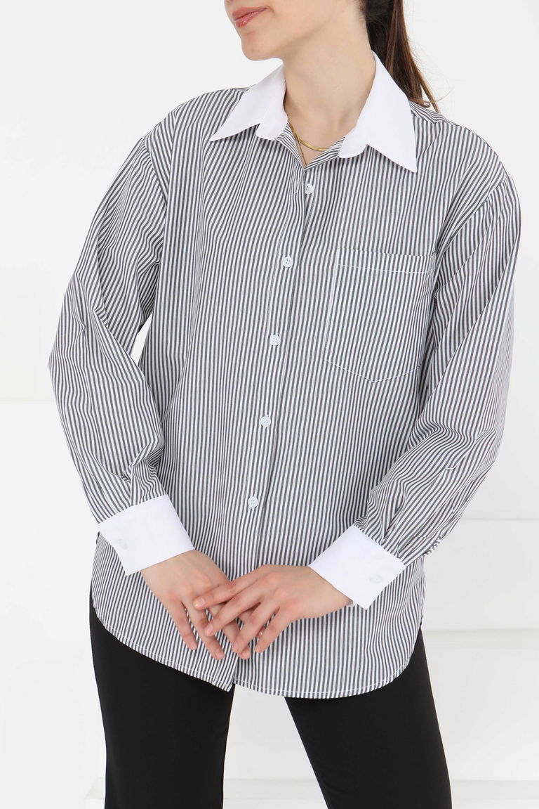 Çizgili Cep Detay Gömlek Gri - 27243 - TOFİSA