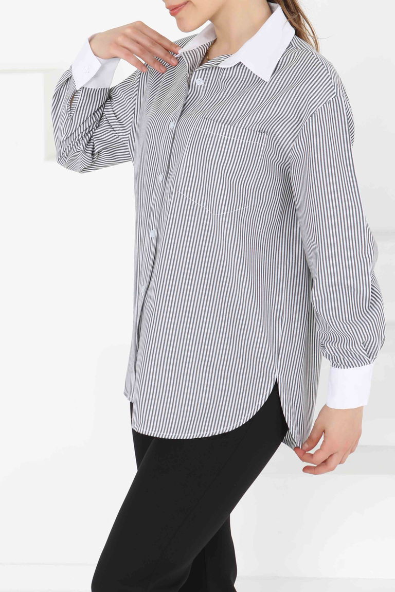 Çizgili Cep Detay Gömlek Gri - 27243 - TOFİSA