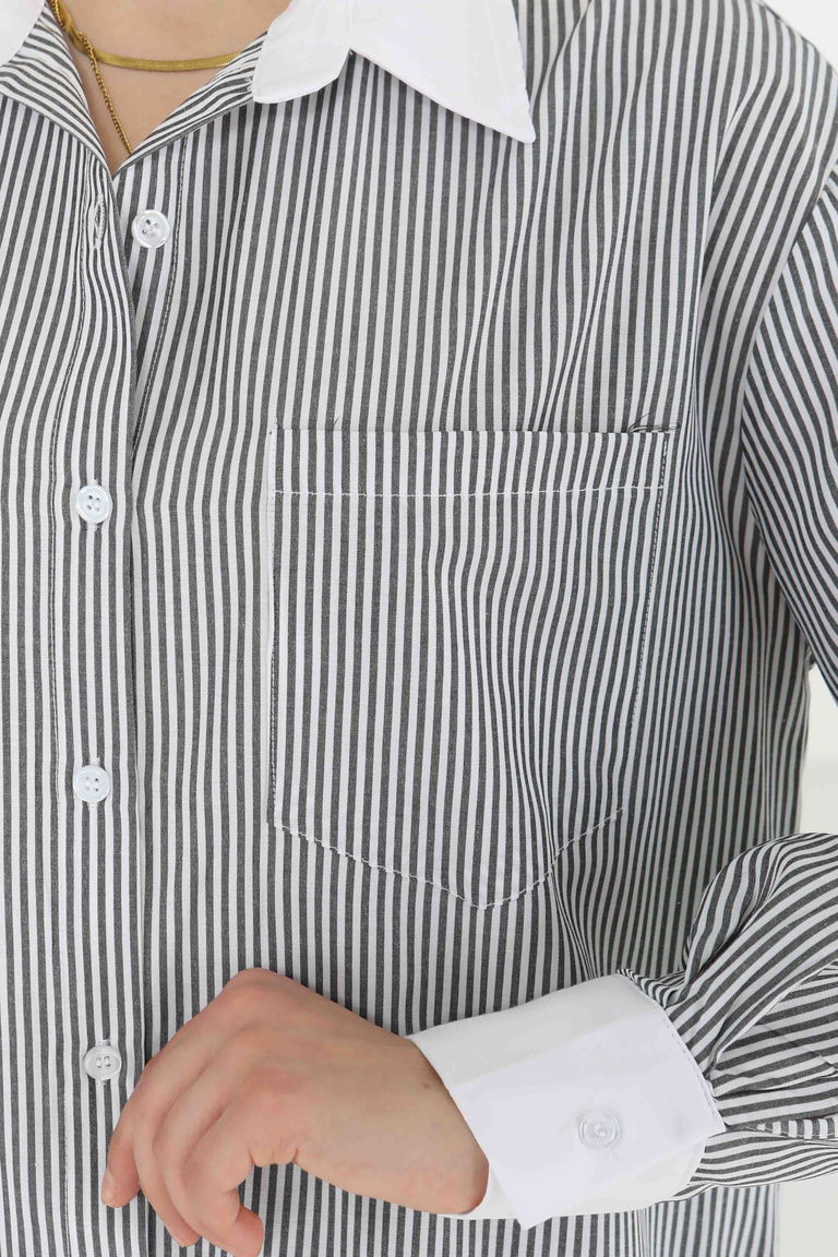 Çizgili Cep Detay Gömlek Gri - 27243 - TOFİSA
