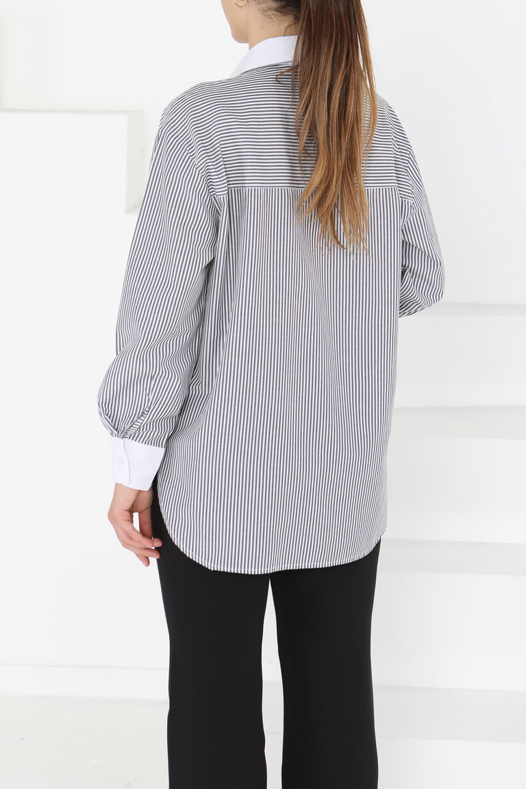 Çizgili Cep Detay Gömlek Gri - 27243 - TOFİSA