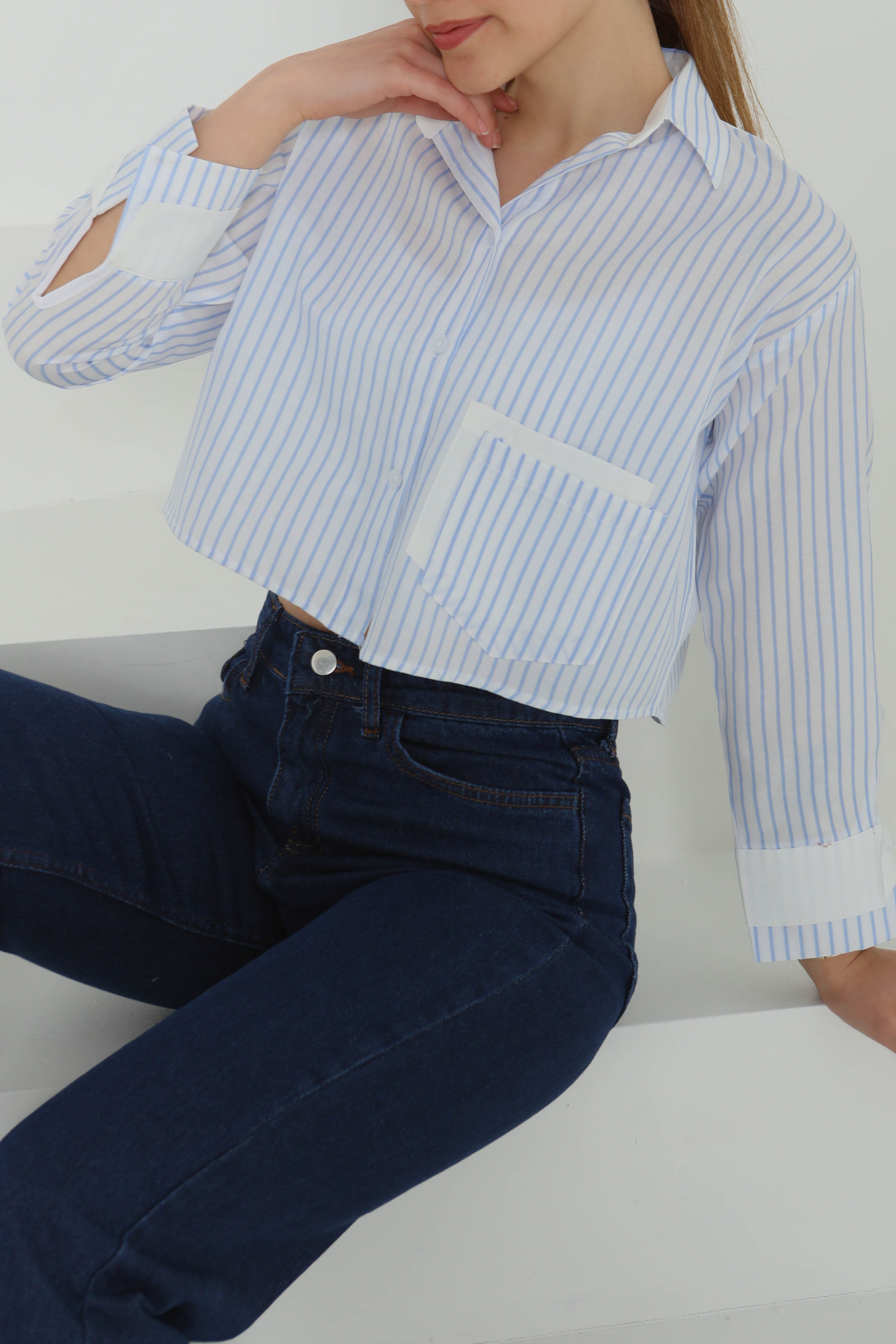 Çizgili Cepli Kısa Gömlek - 27083 - 1