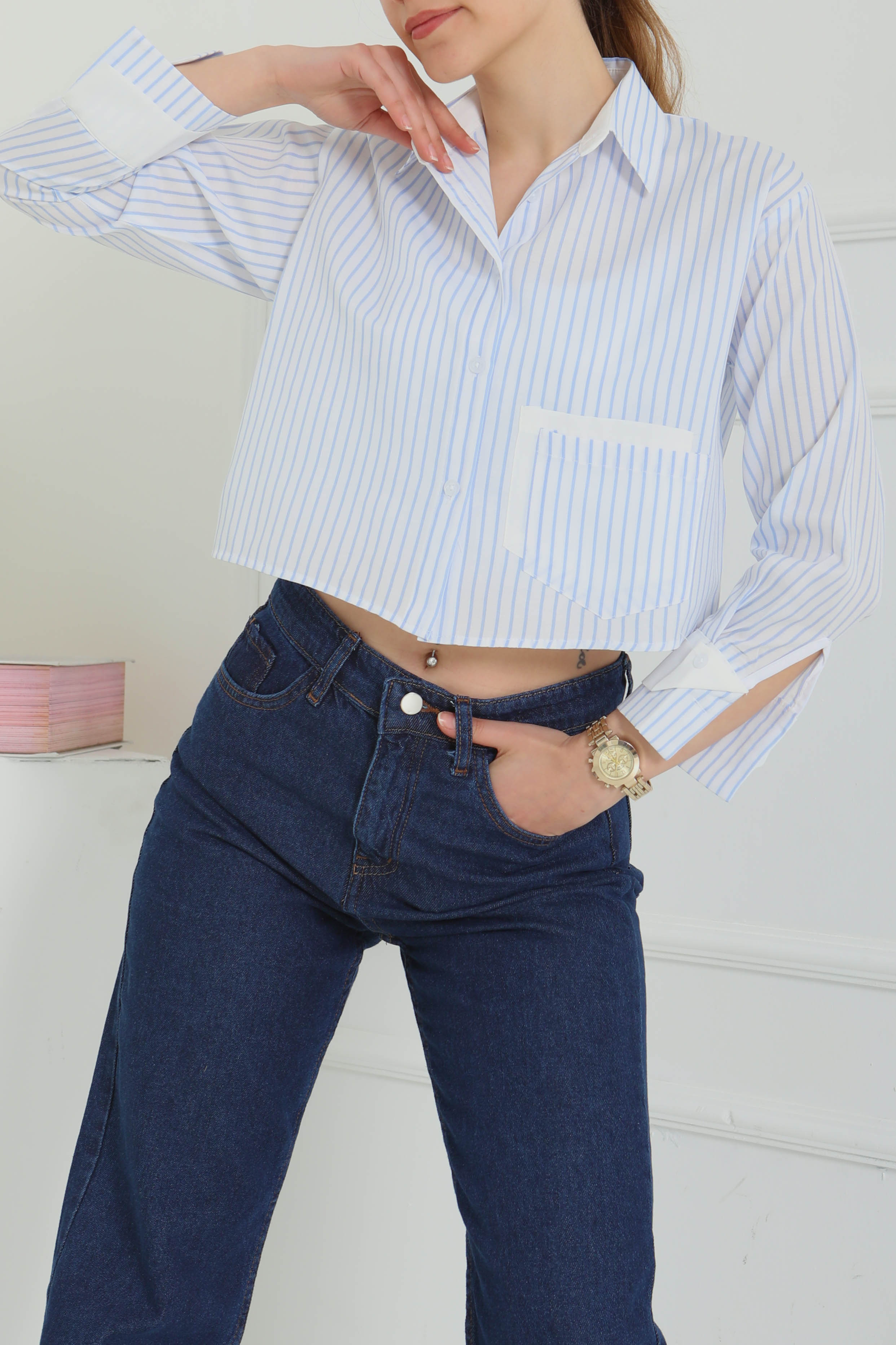 Çizgili Cepli Kısa Gömlek - 27083 - 2