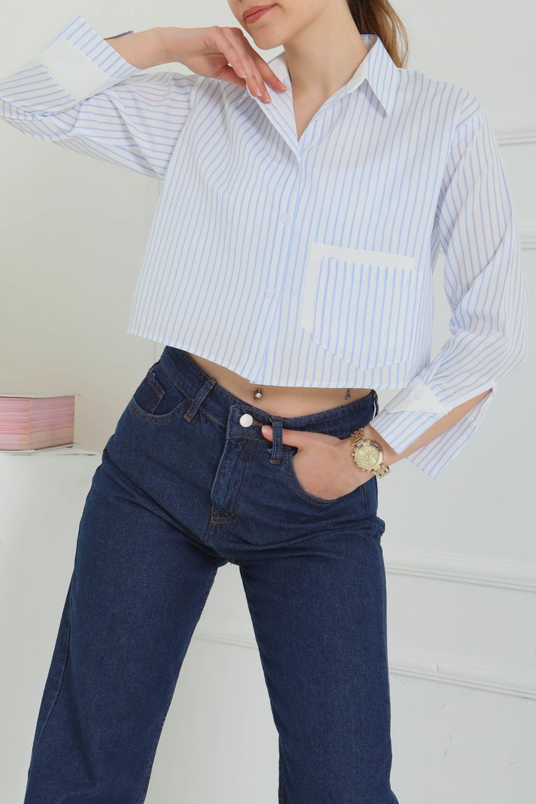 Çizgili Cepli Kısa Gömlek - 27083 - TOFİSA