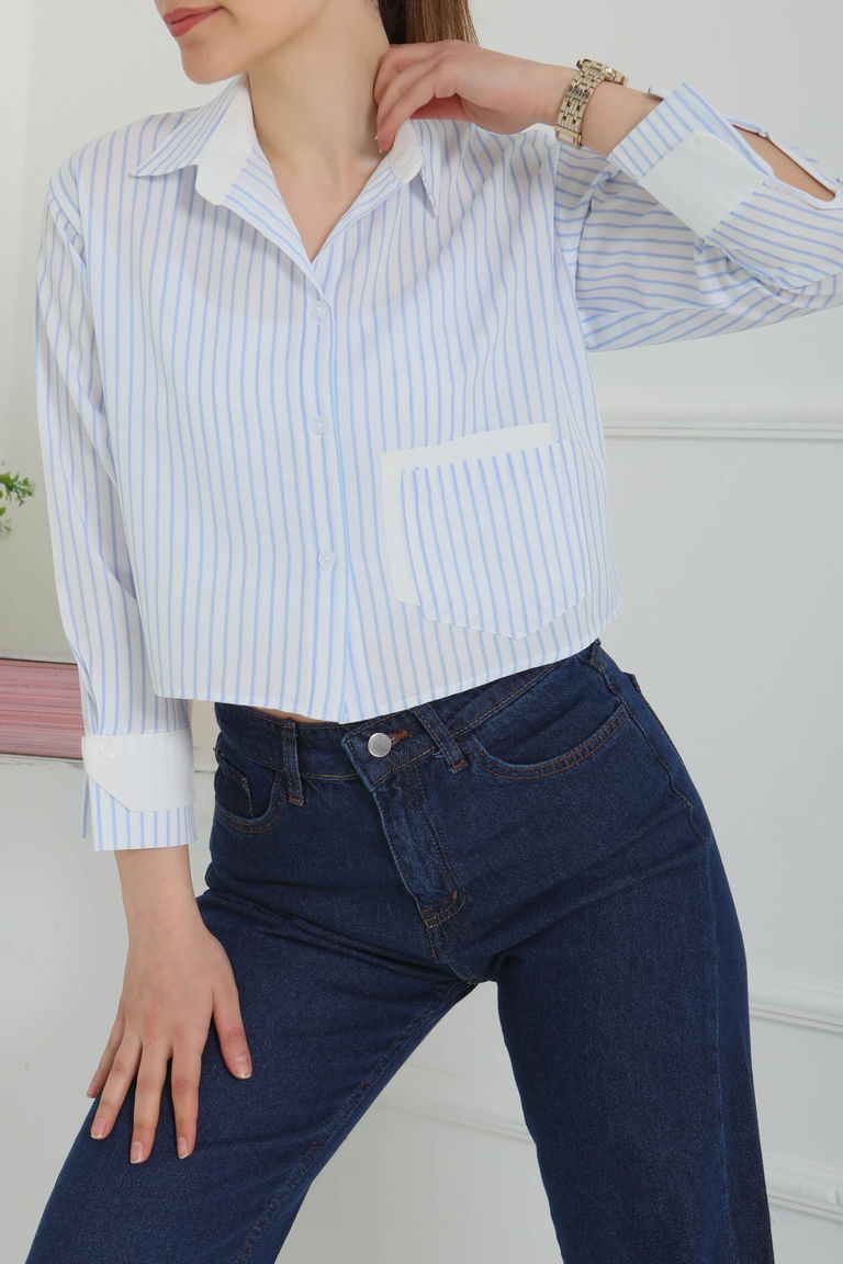 Çizgili Cepli Kısa Gömlek - 27083 - TOFİSA
