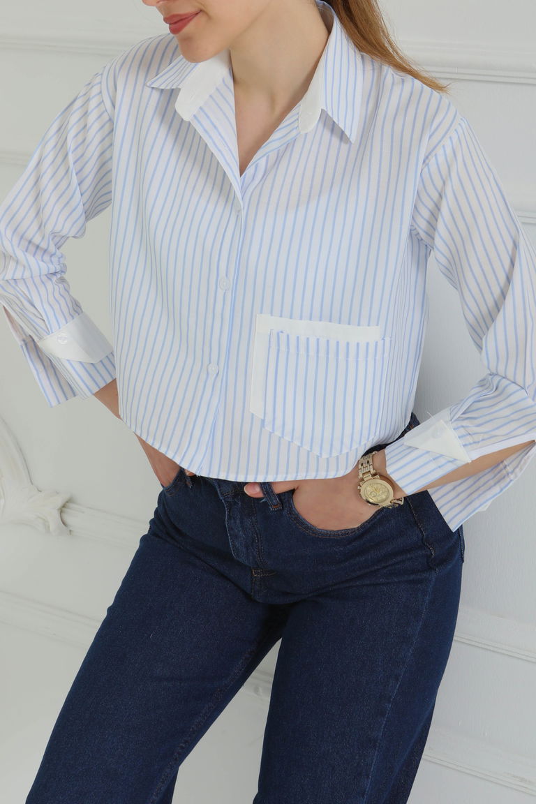 Çizgili Cepli Kısa Gömlek - 27083 - TOFİSA
