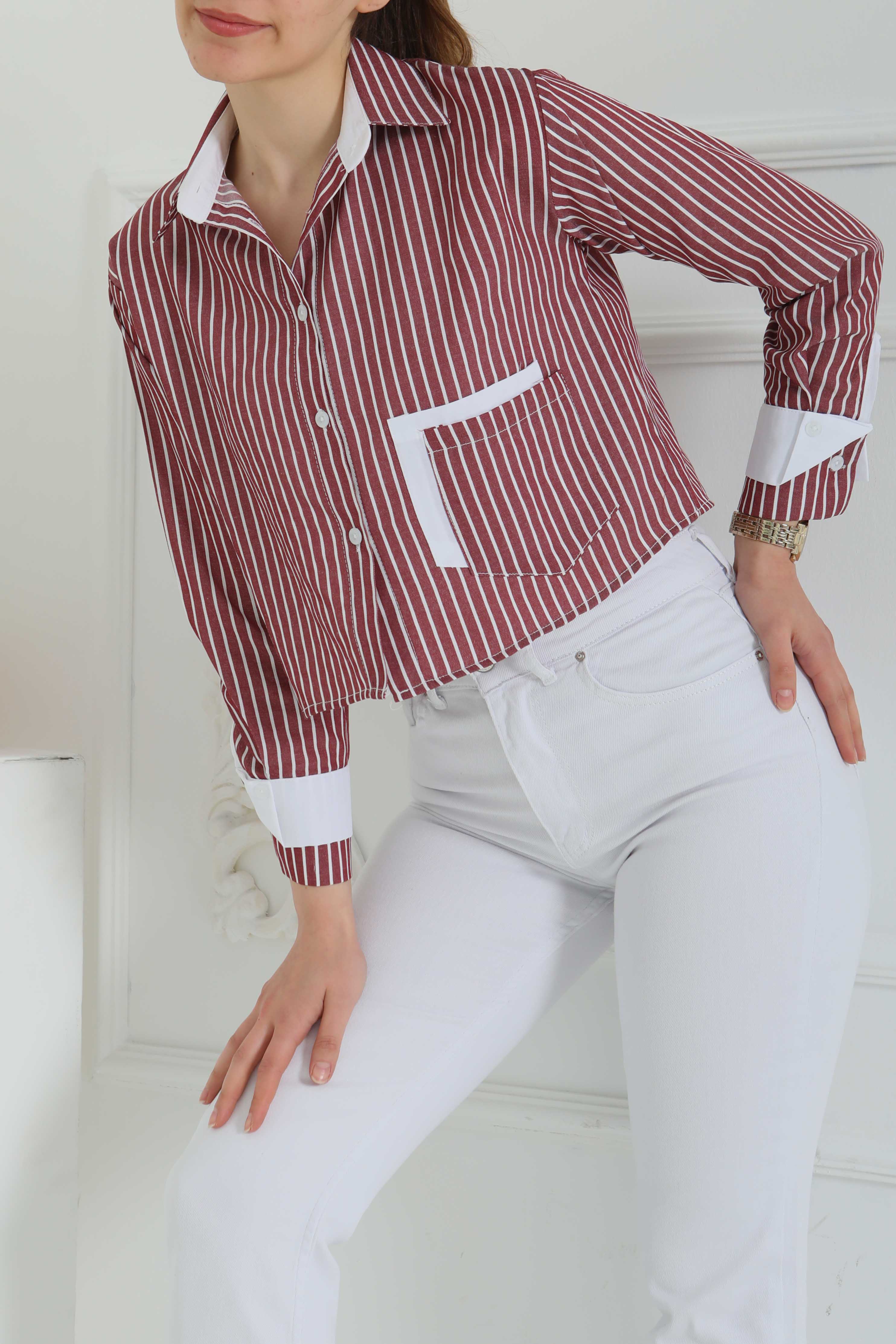 Çizgili Cepli Kısa Gömlek Bordo - 27083 - 1