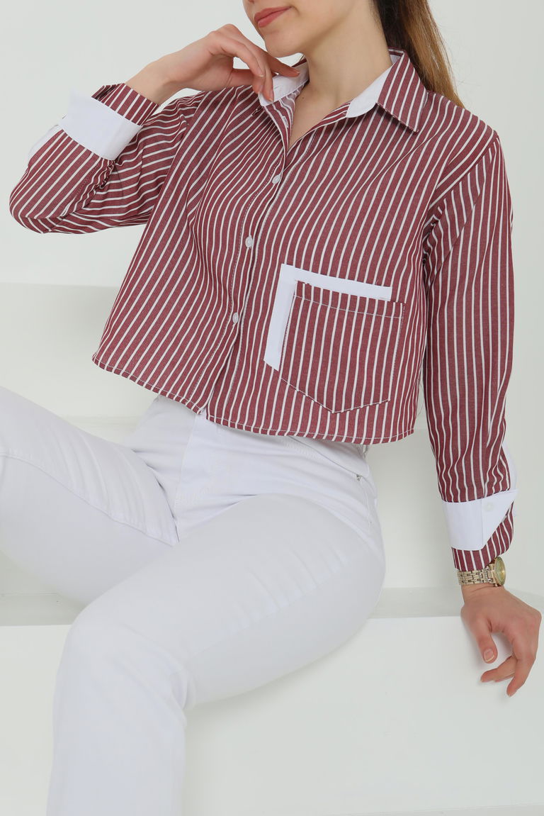 Çizgili Cepli Kısa Gömlek Bordo - 27083 - TOFİSA