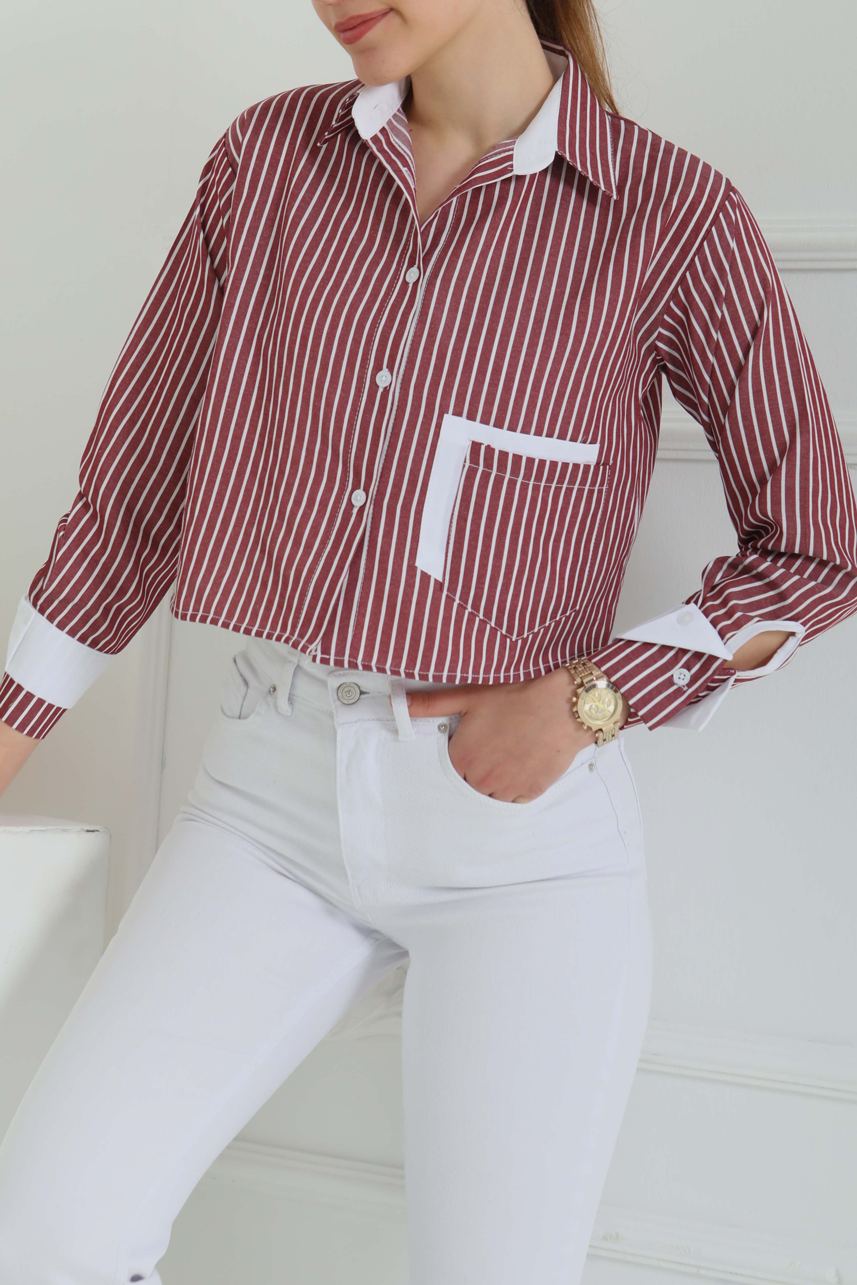 Çizgili Cepli Kısa Gömlek Bordo - 27083 - 3