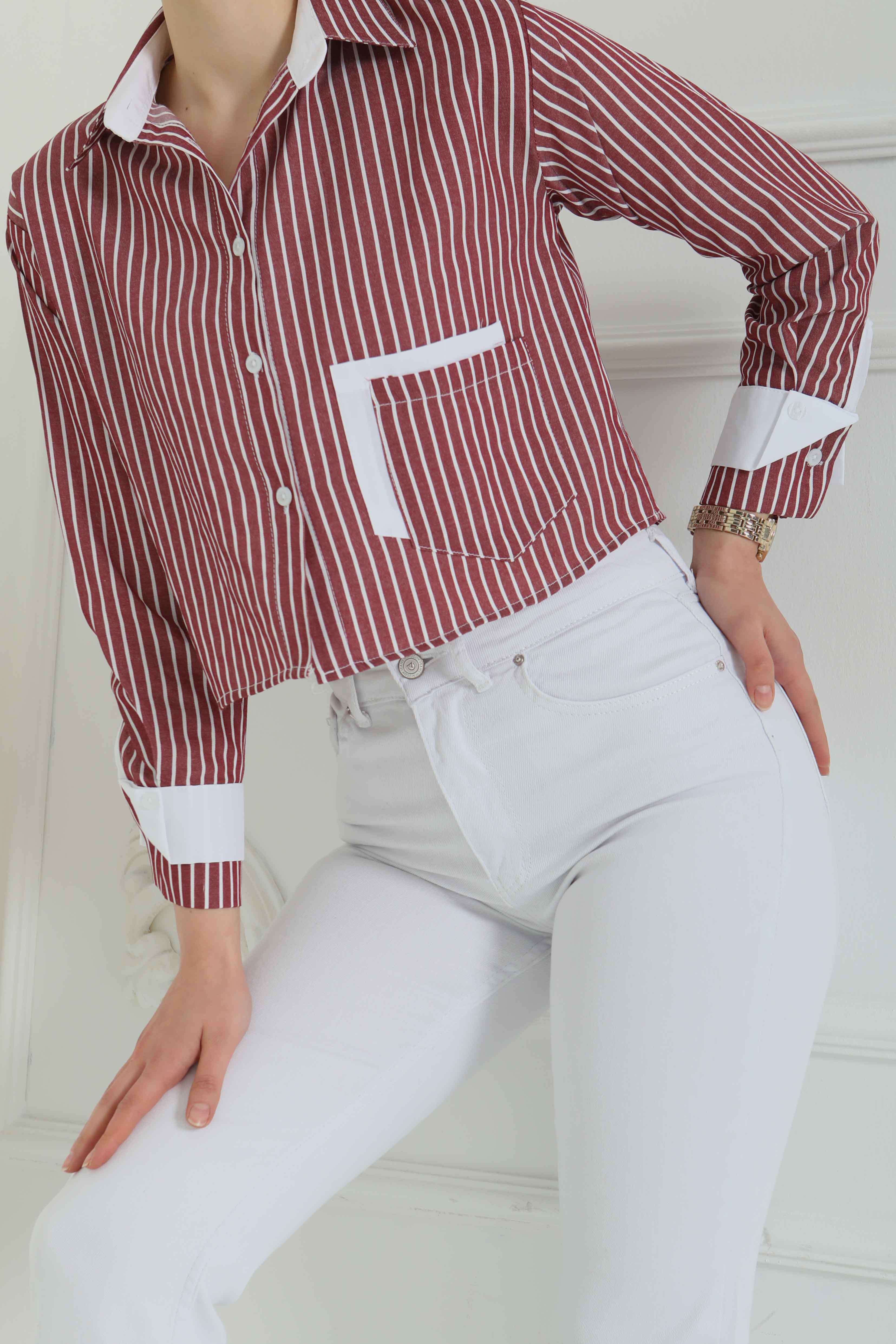 Çizgili Cepli Kısa Gömlek Bordo - 27083 - 4