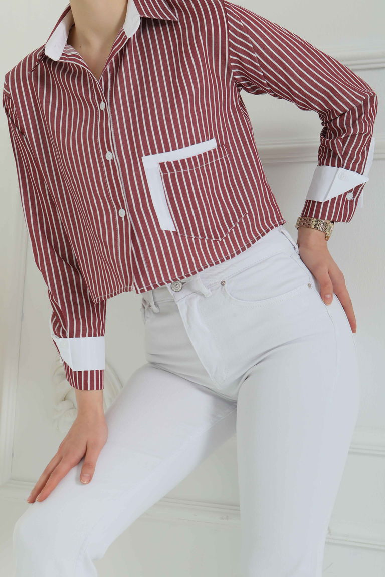 Çizgili Cepli Kısa Gömlek Bordo - 27083 - TOFİSA