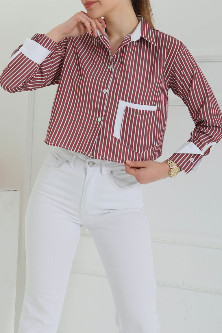 Çizgili Cepli Kısa Gömlek Bordo - 27083 - TOFİSA