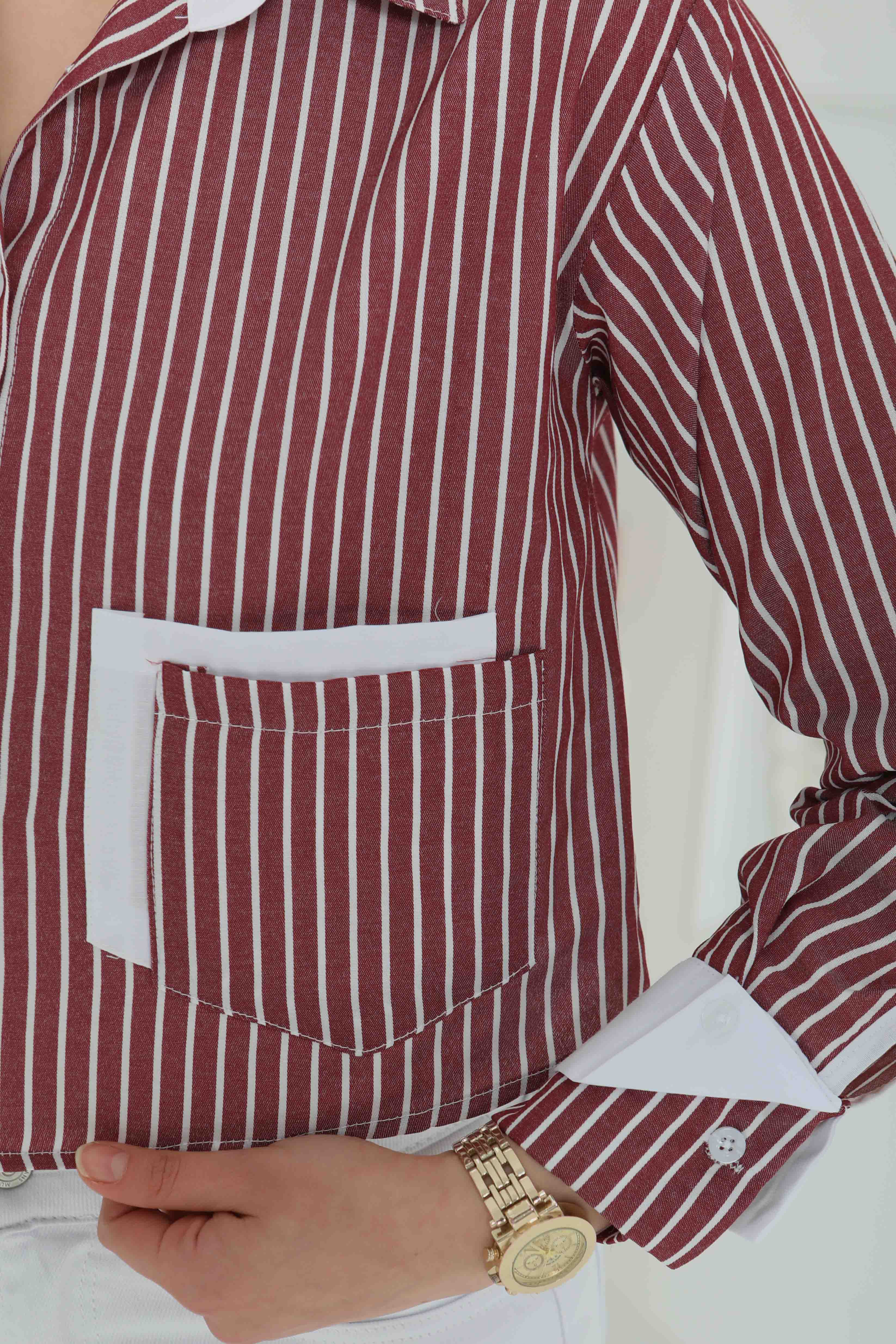 Çizgili Cepli Kısa Gömlek Bordo - 27083 - 6