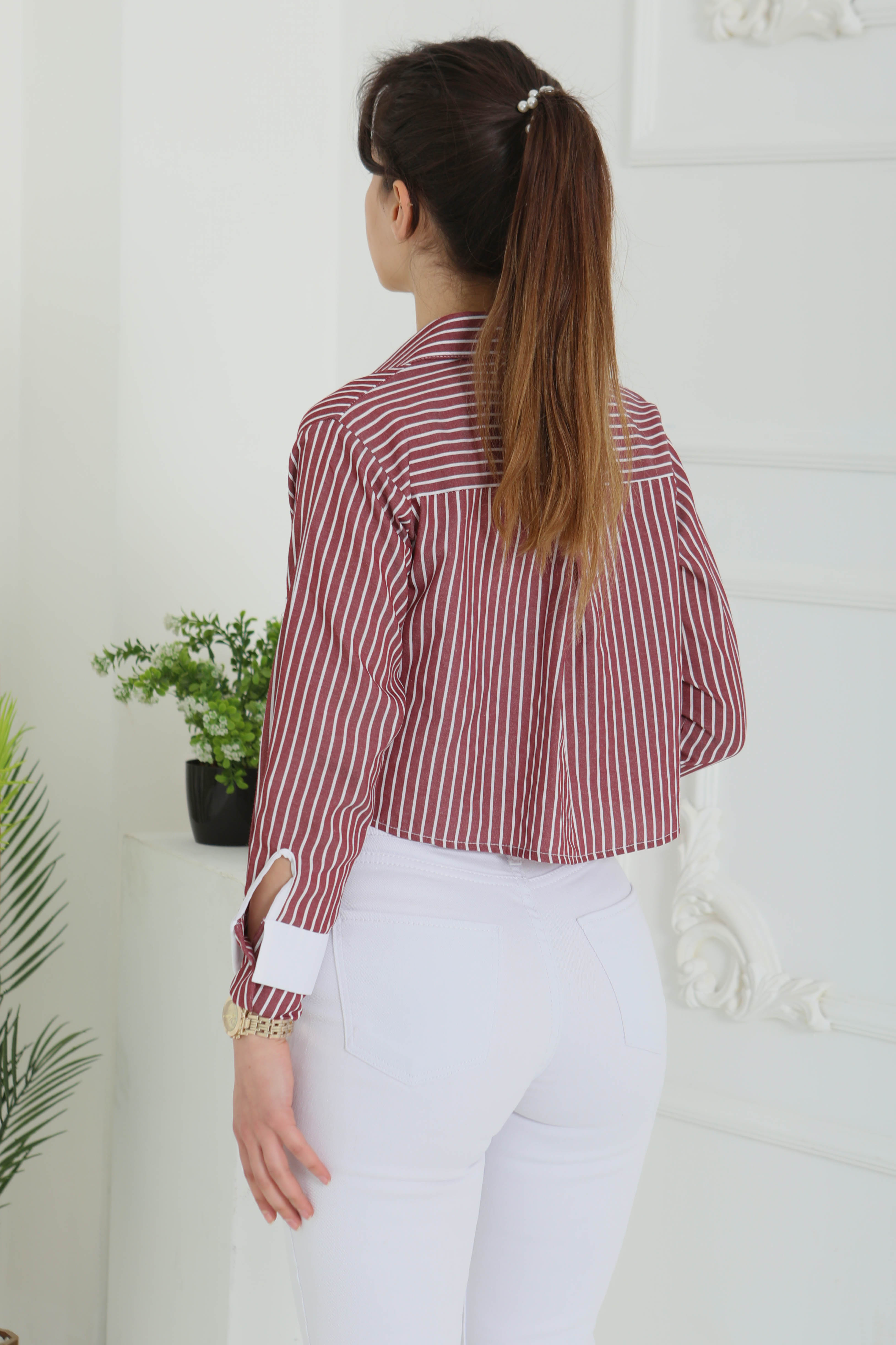 Çizgili Cepli Kısa Gömlek Bordo - 27083 - 7