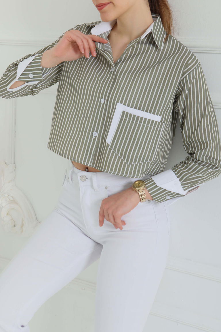 Çizgili Cepli Kısa Gömlek Haki - 27083 - TOFİSA