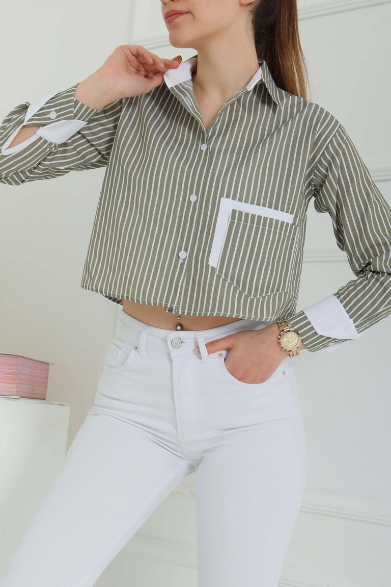Çizgili Cepli Kısa Gömlek Haki - 27083 - TOFİSA