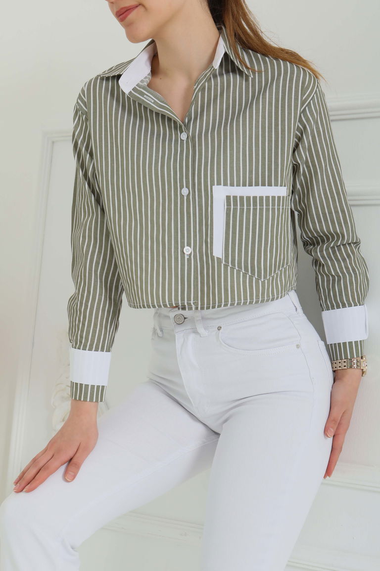 Çizgili Cepli Kısa Gömlek Haki - 27083 - TOFİSA