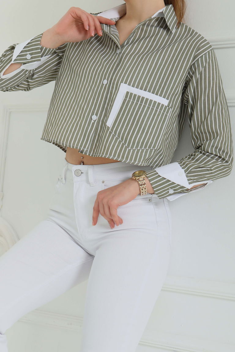 Çizgili Cepli Kısa Gömlek Haki - 27083 - TOFİSA