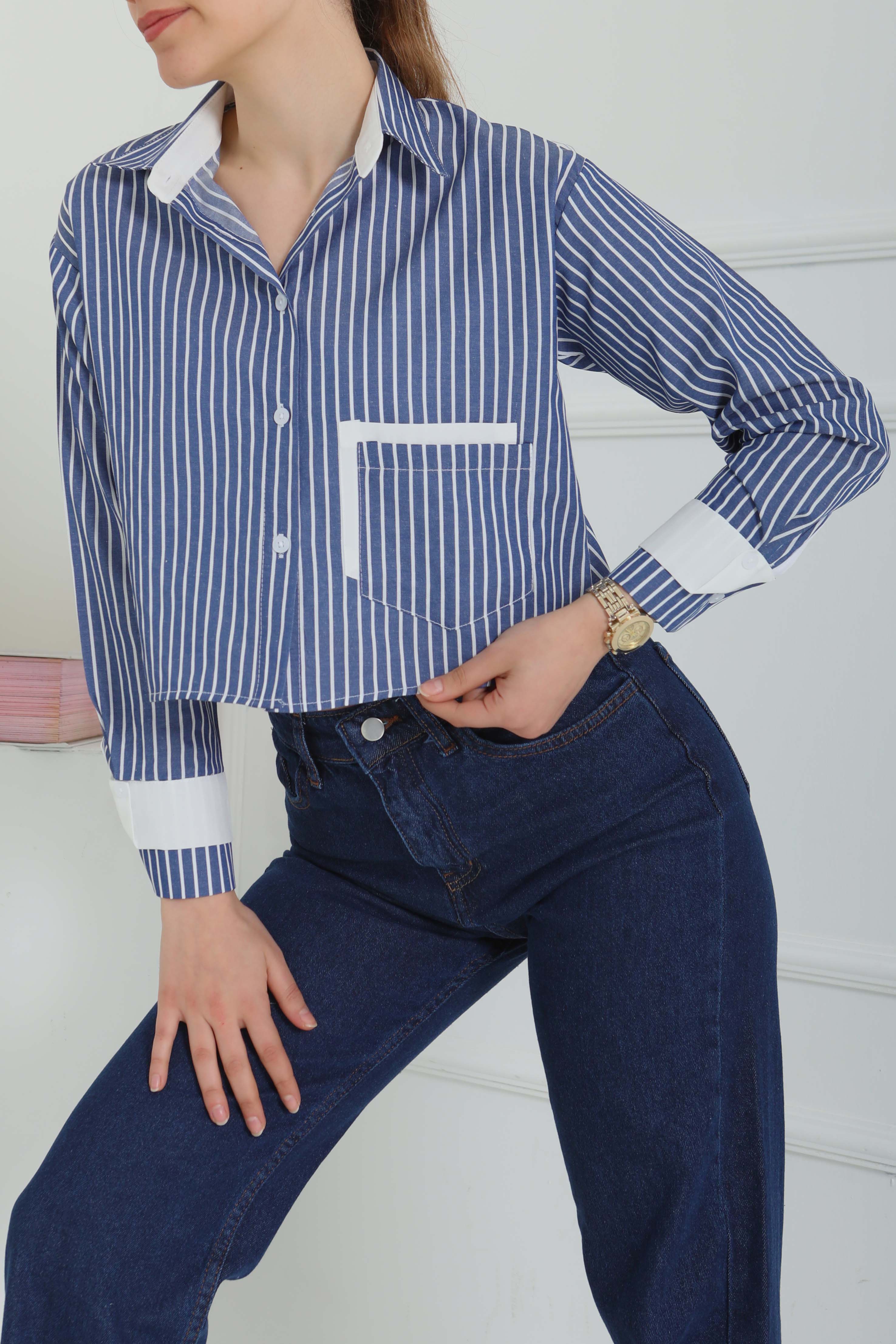 Çizgili Cepli Kısa Gömlek Lacivert - 27083 - 1