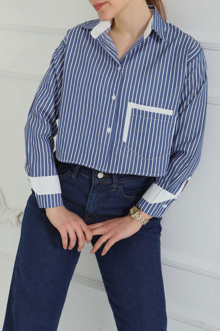 Çizgili Cepli Kısa Gömlek Lacivert - 27083 - TOFİSA