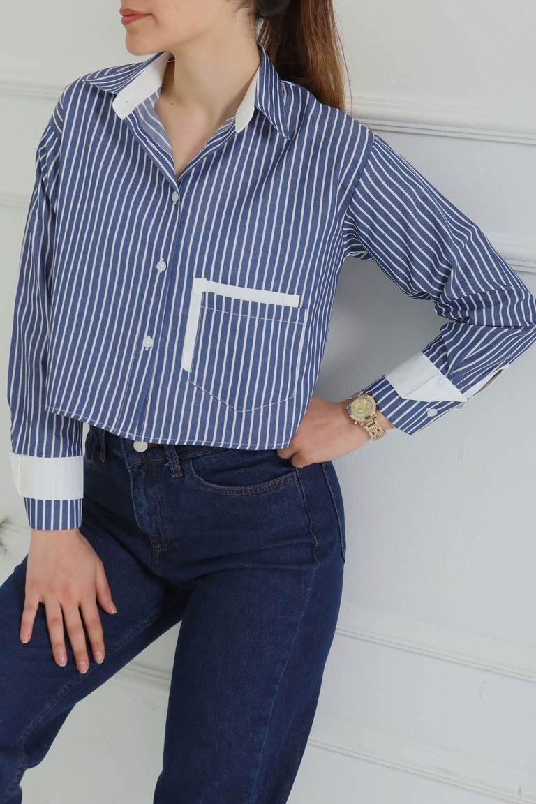 Çizgili Cepli Kısa Gömlek Lacivert - 27083 - TOFİSA