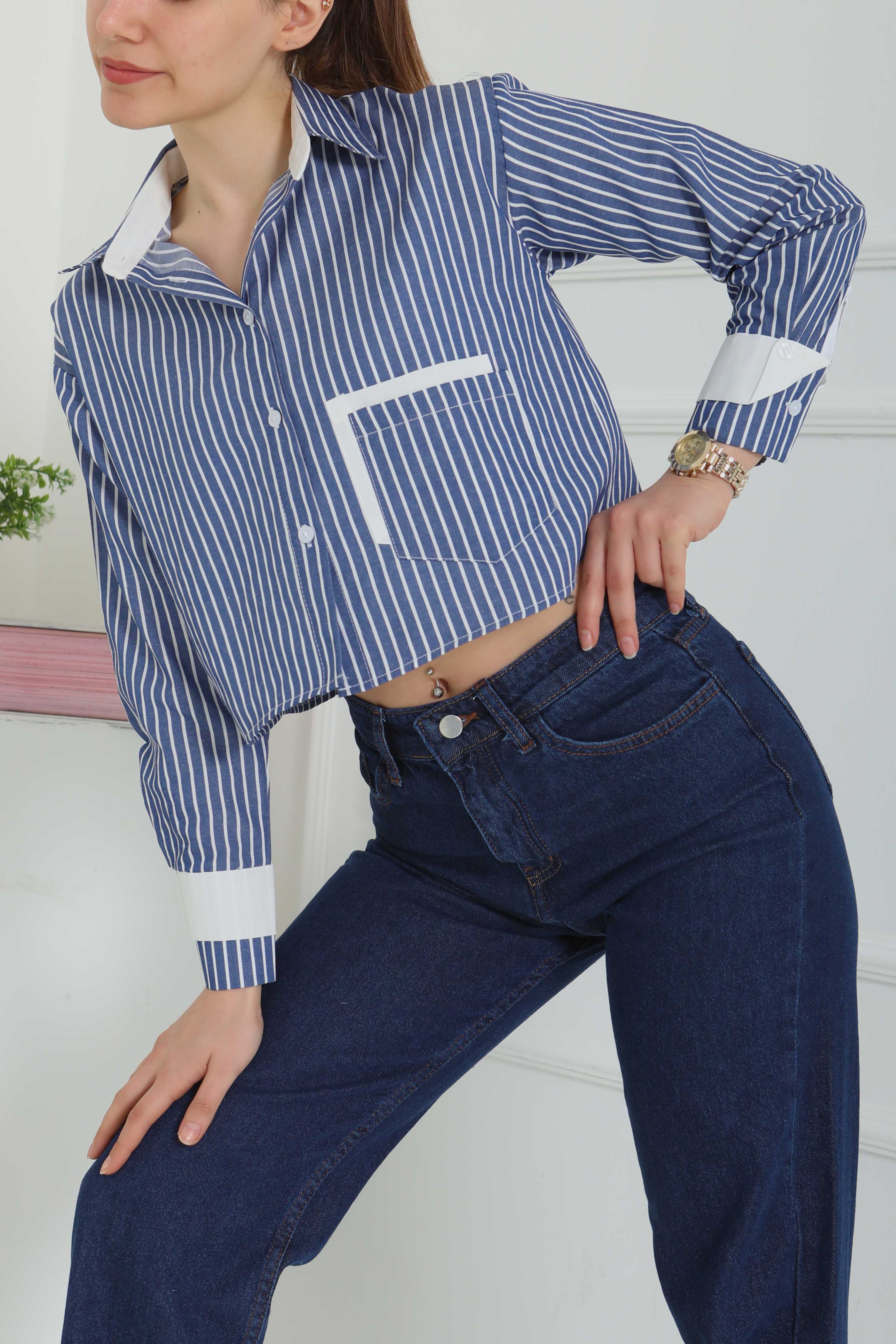 Çizgili Cepli Kısa Gömlek Lacivert - 27083 - 5