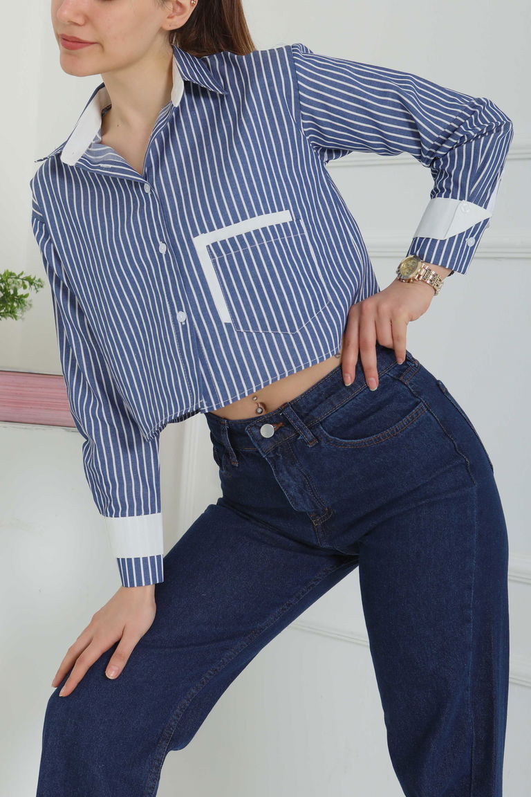 Çizgili Cepli Kısa Gömlek Lacivert - 27083 - TOFİSA