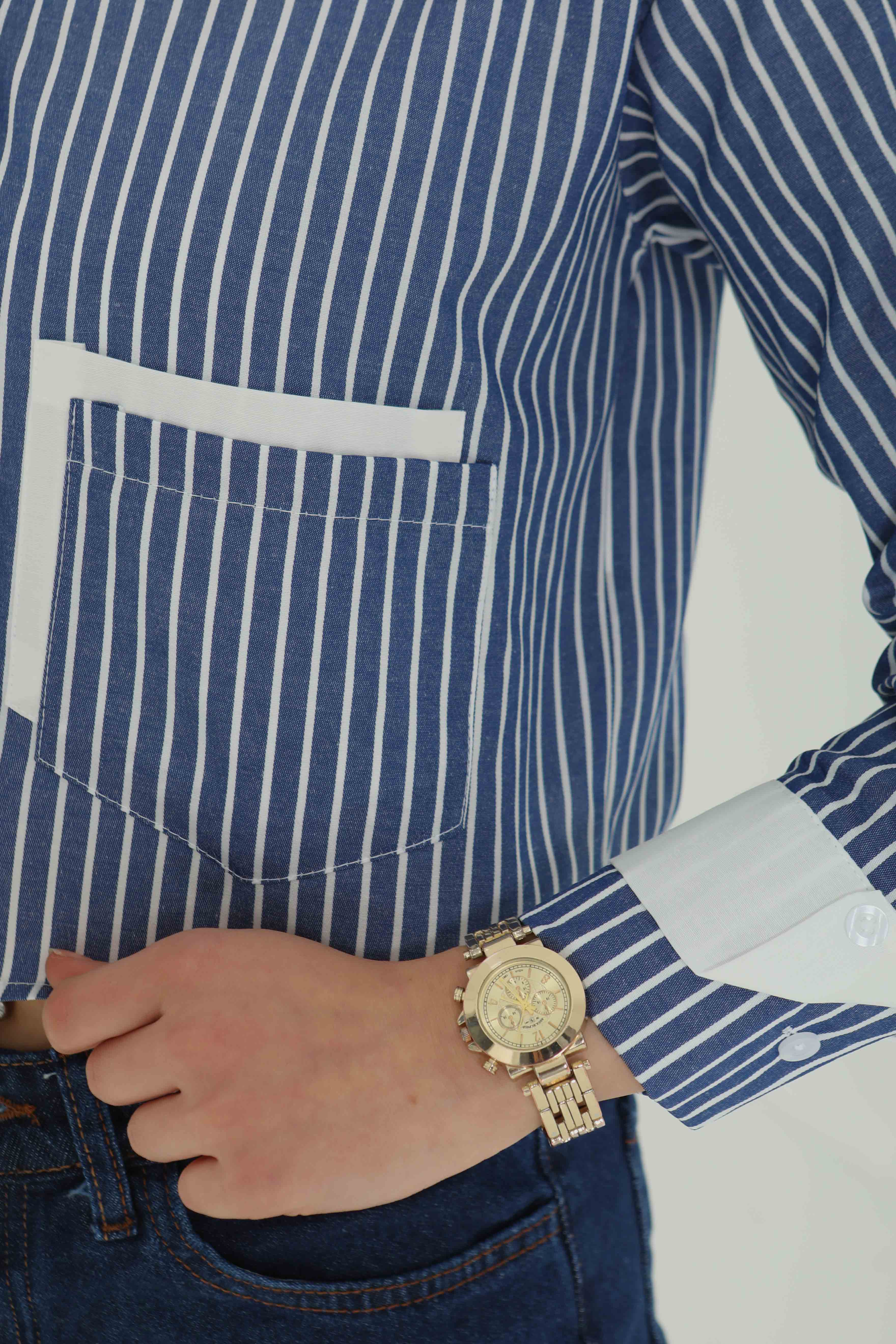 Çizgili Cepli Kısa Gömlek Lacivert - 27083 - 6