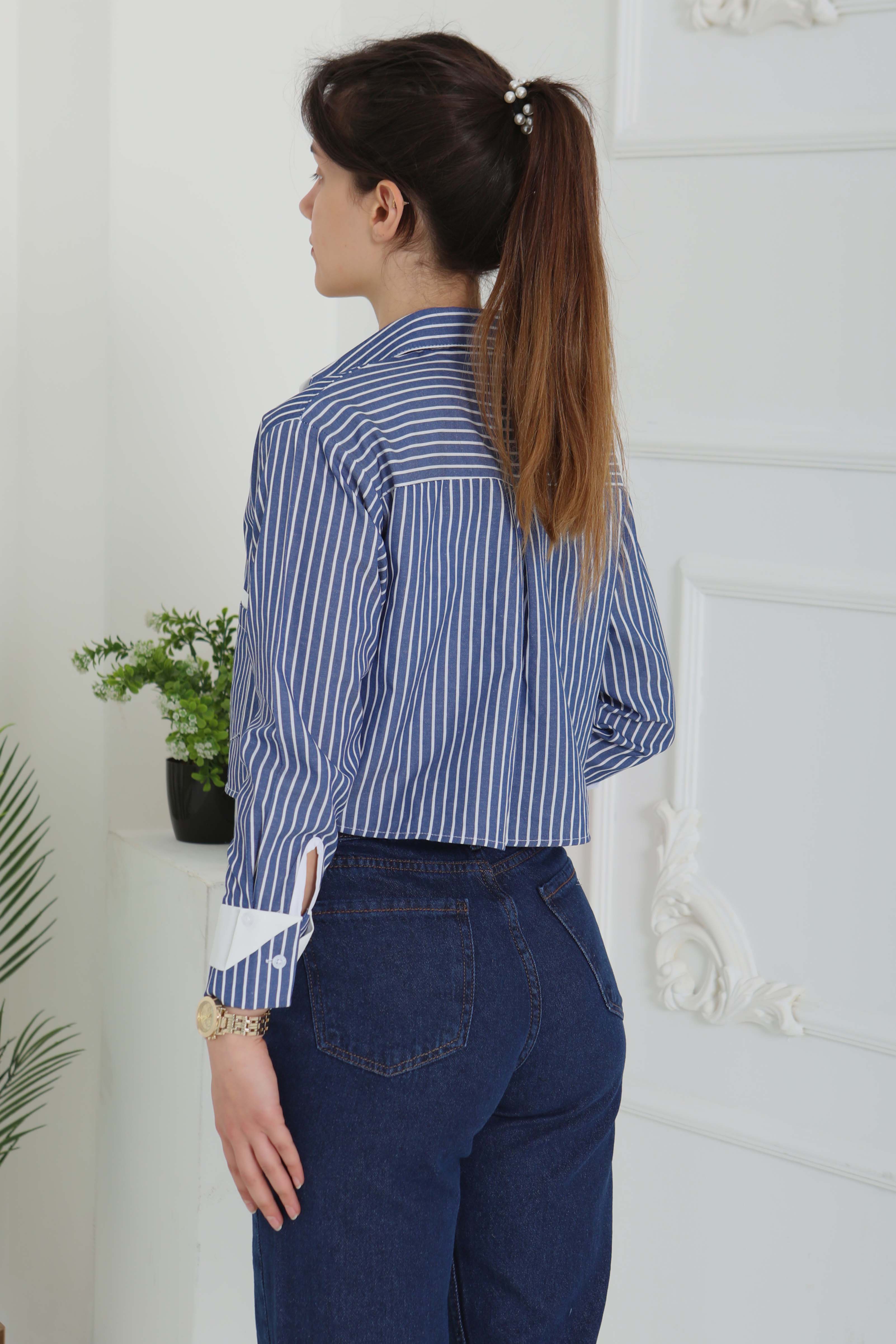 Çizgili Cepli Kısa Gömlek Lacivert - 27083 - 7