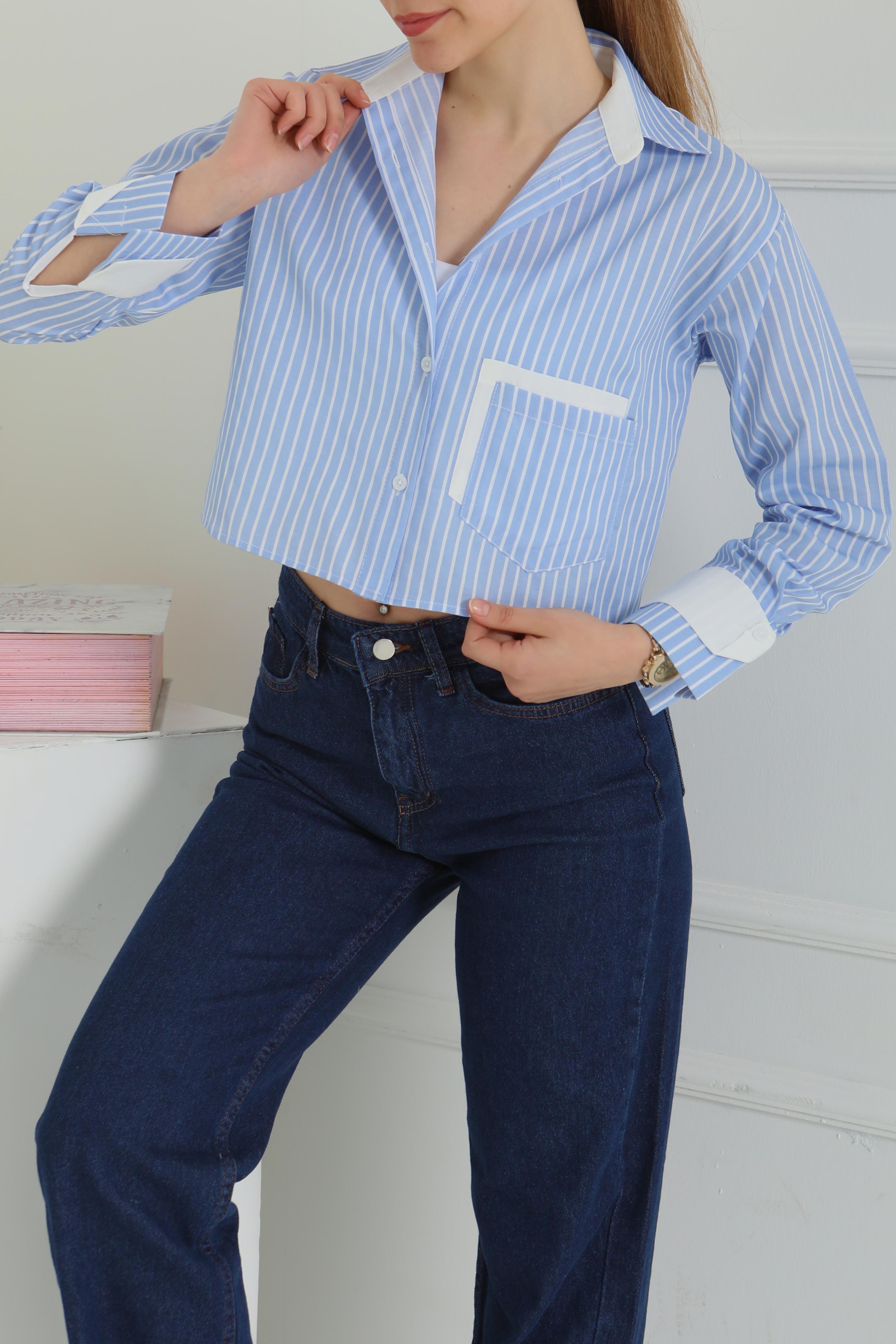 Çizgili Cepli Kısa Gömlek - 27083 - 2