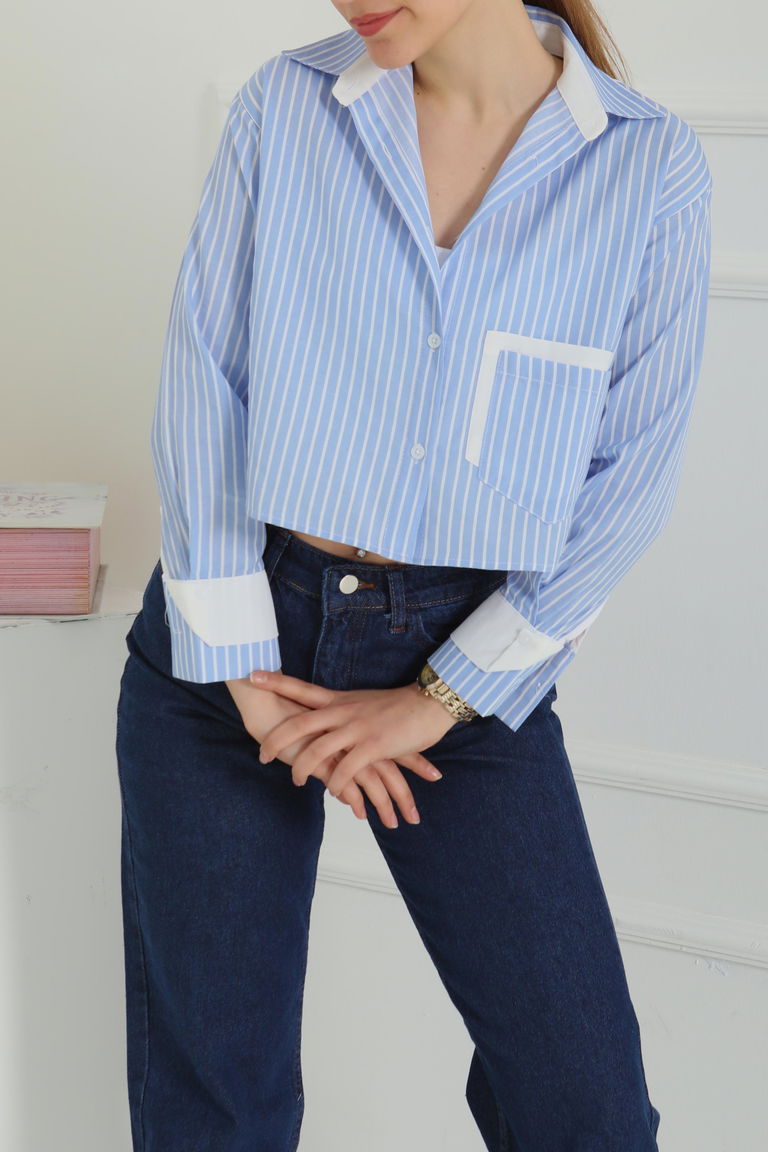 Çizgili Cepli Kısa Gömlek - 27083 - TOFİSA