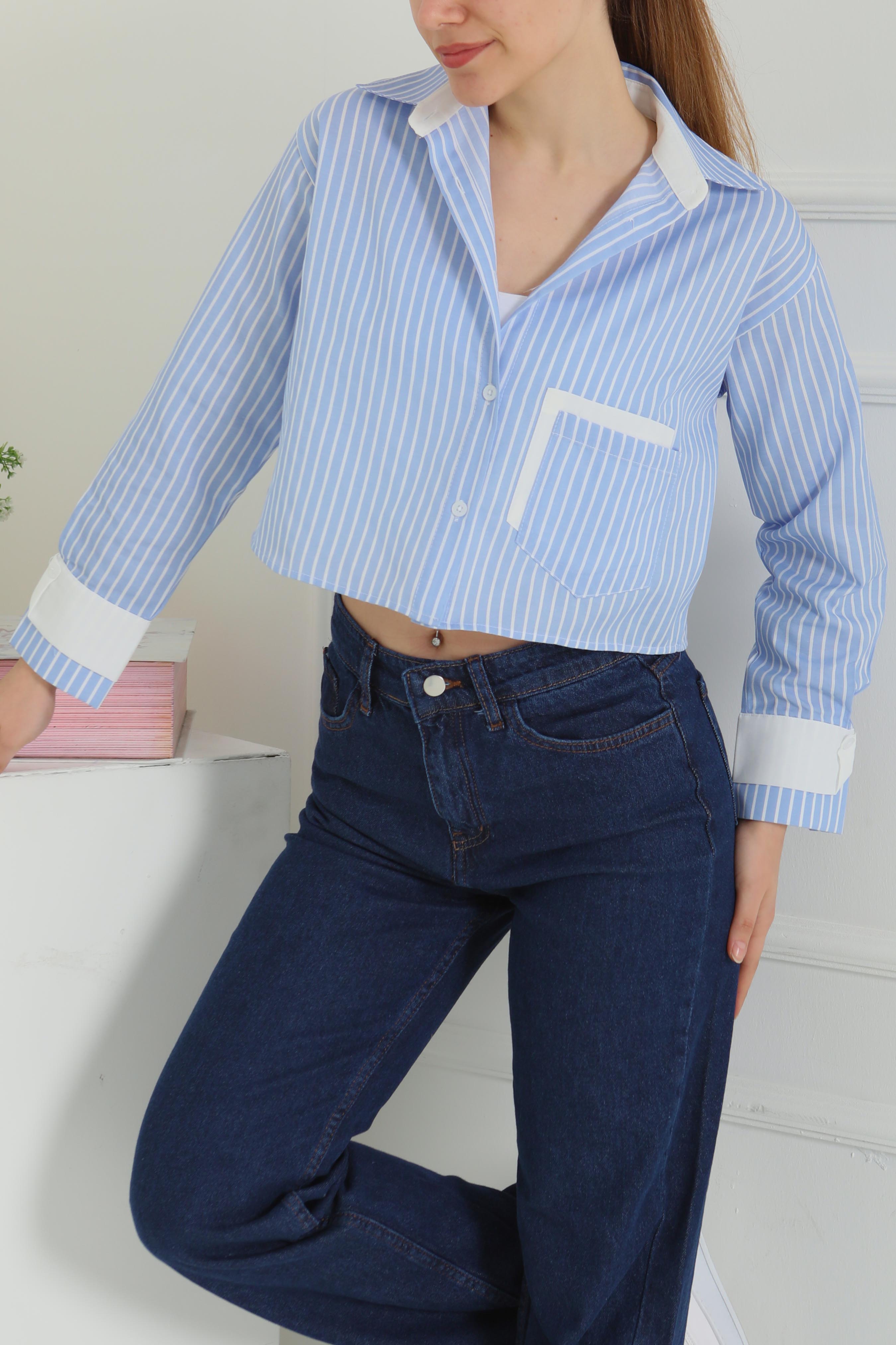 Çizgili Cepli Kısa Gömlek - 27083 - 4