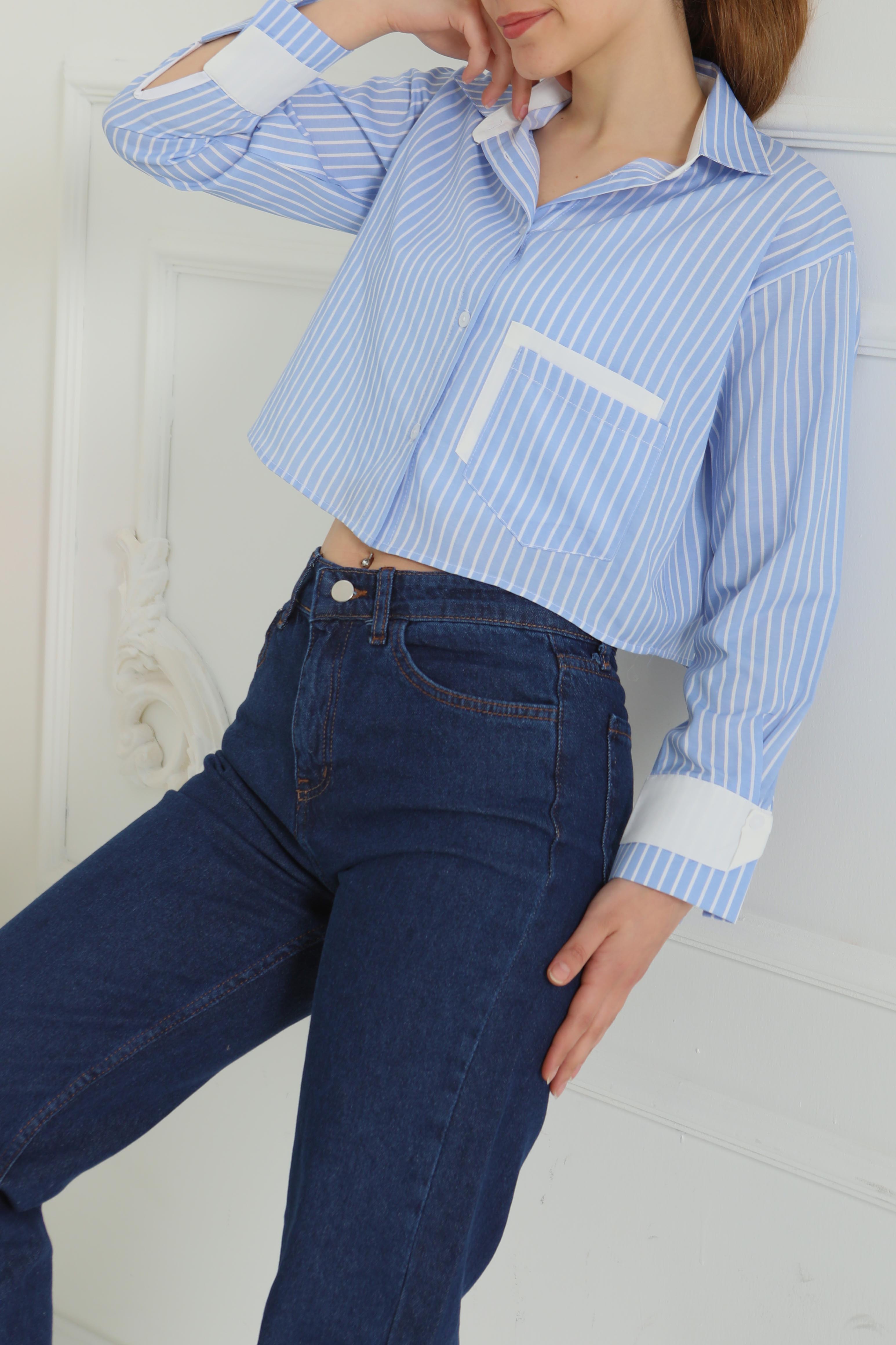 Çizgili Cepli Kısa Gömlek - 27083 - 5