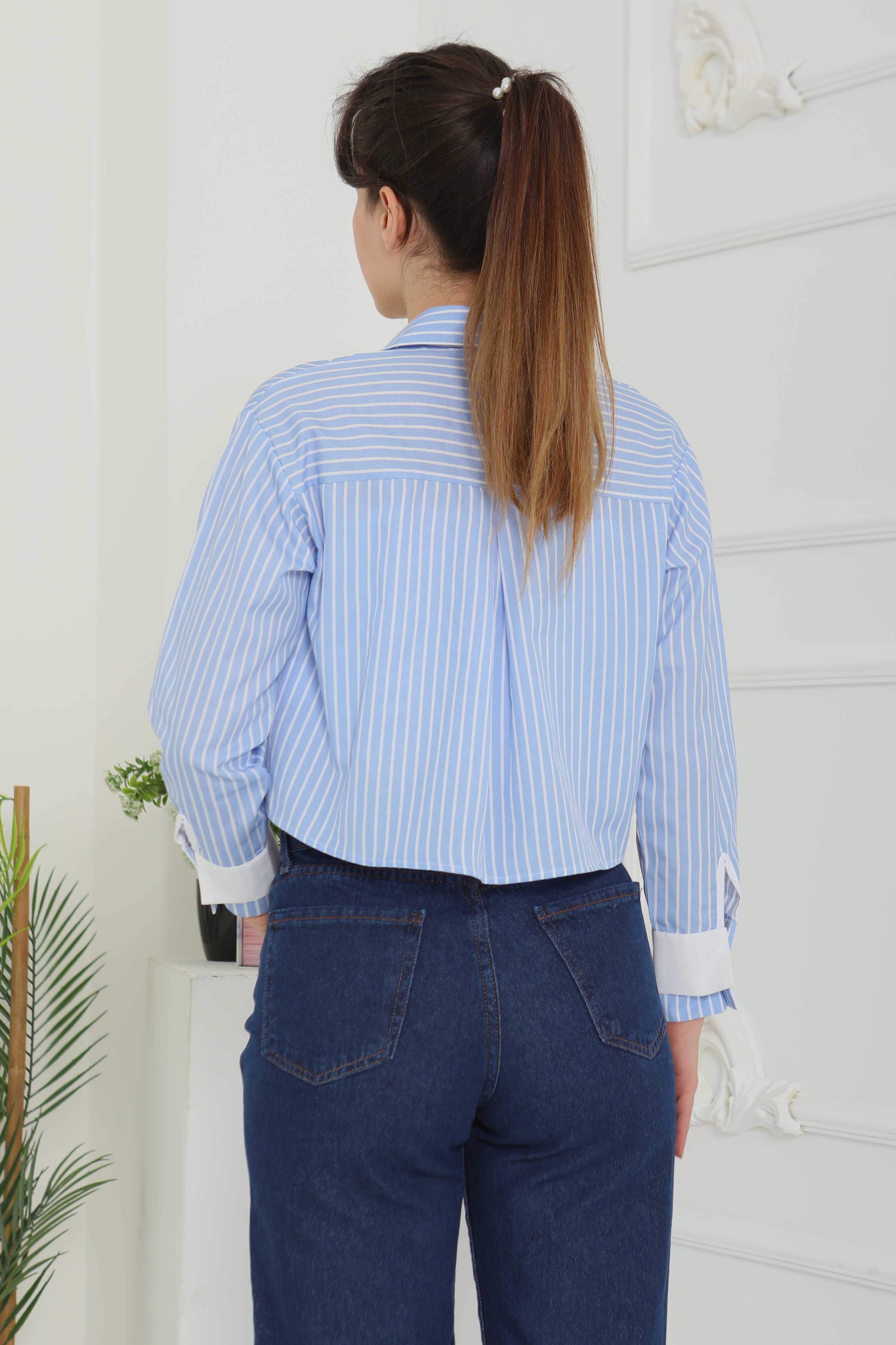 Çizgili Cepli Kısa Gömlek - 27083 - 6