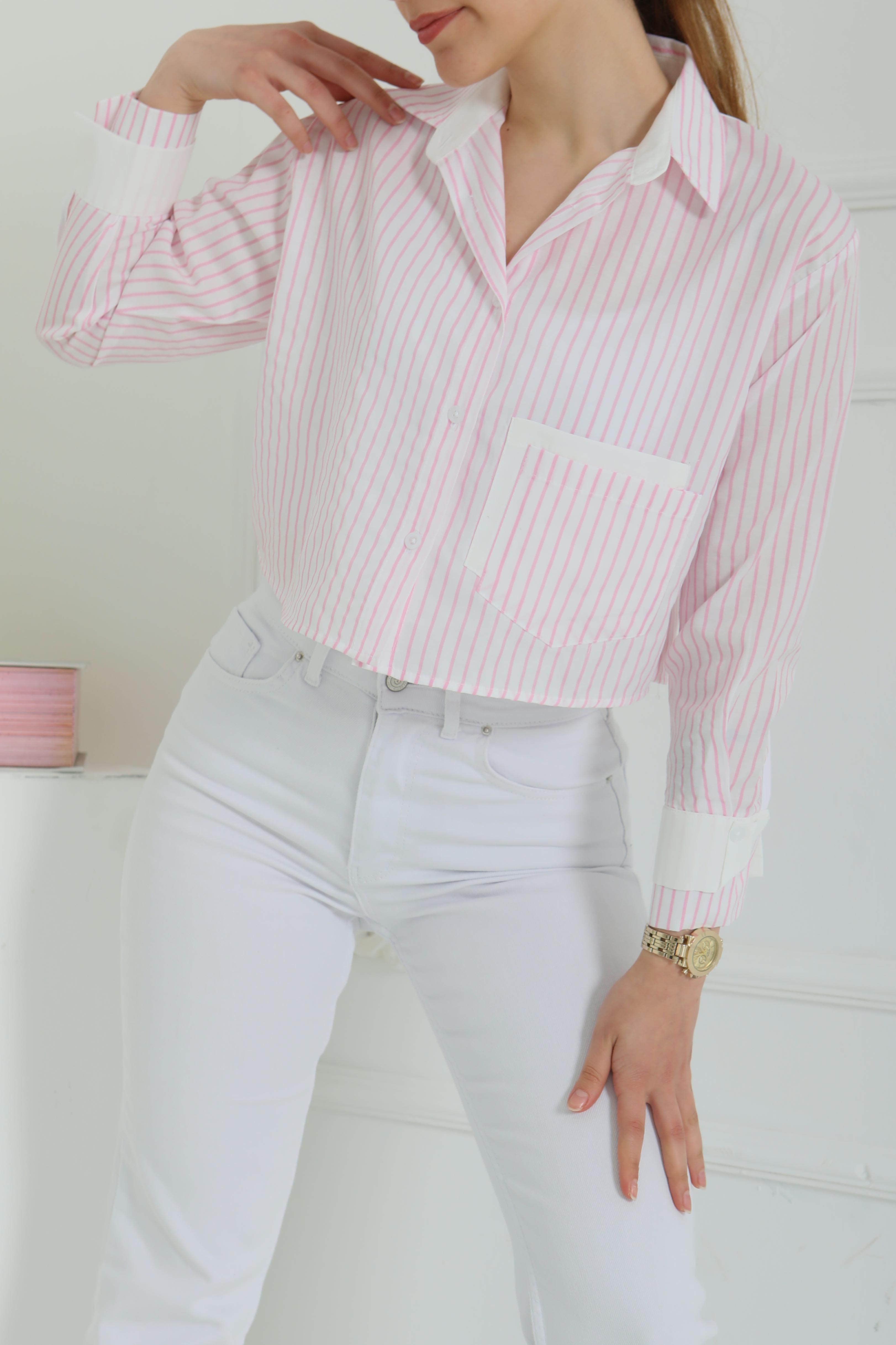 Çizgili Cepli Kısa Gömlek - 27083 - 1