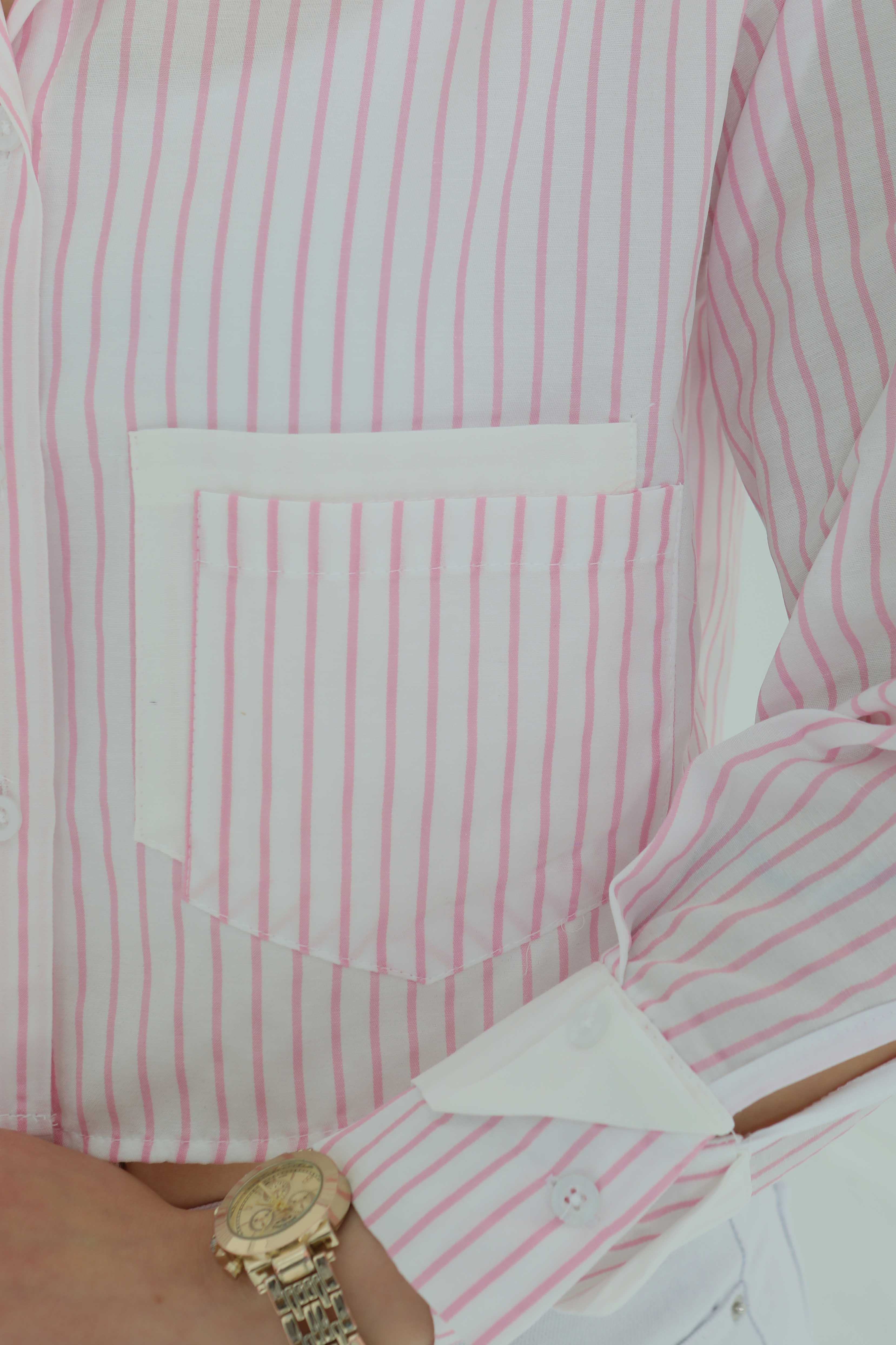 Çizgili Cepli Kısa Gömlek - 27083 - 5