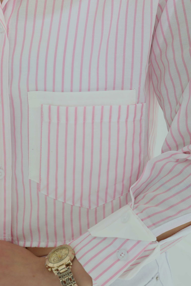 Çizgili Cepli Kısa Gömlek - 27083 - TOFİSA