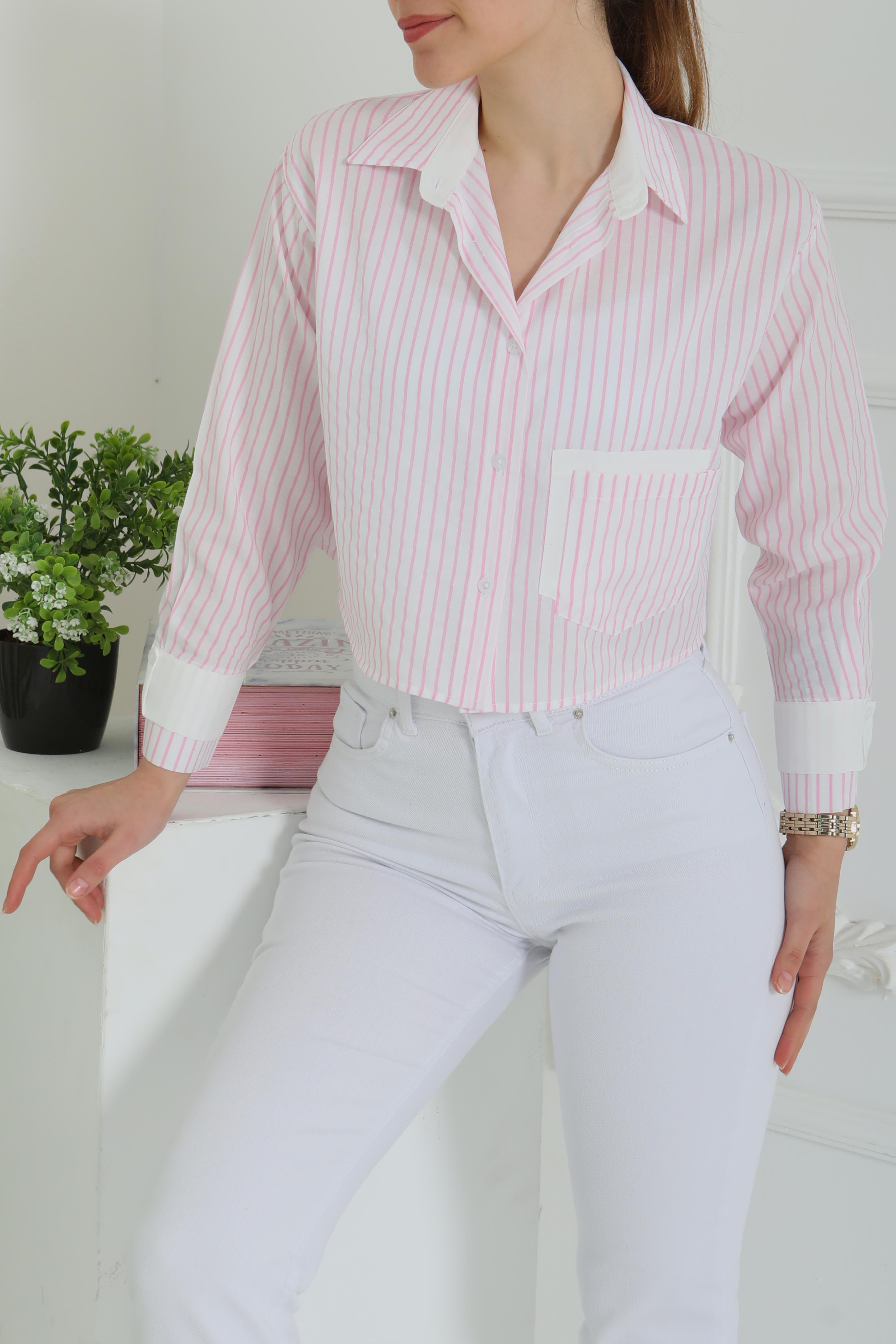 Çizgili Cepli Kısa Gömlek - 27083 - 6