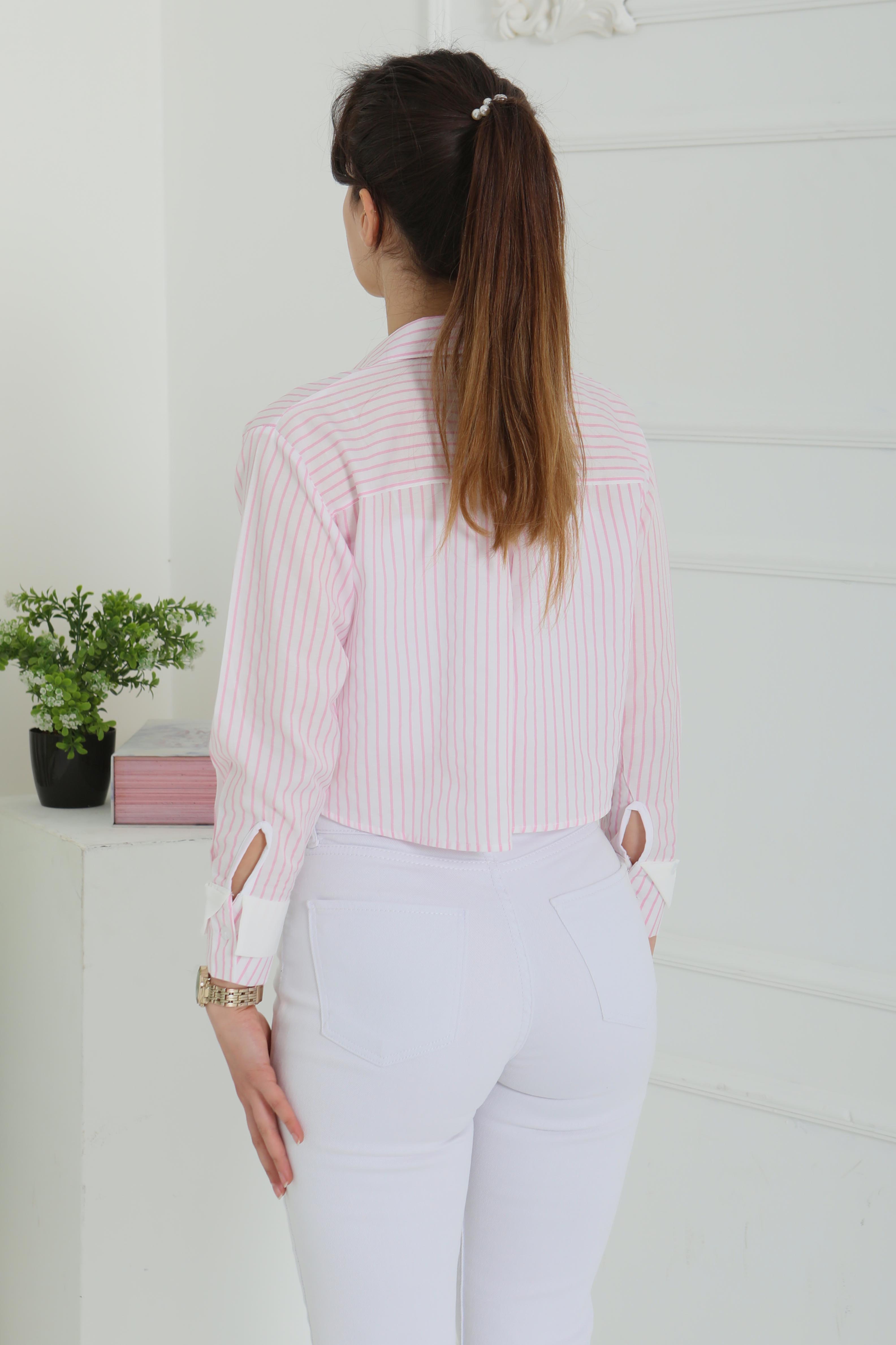 Çizgili Cepli Kısa Gömlek - 27083 - 7