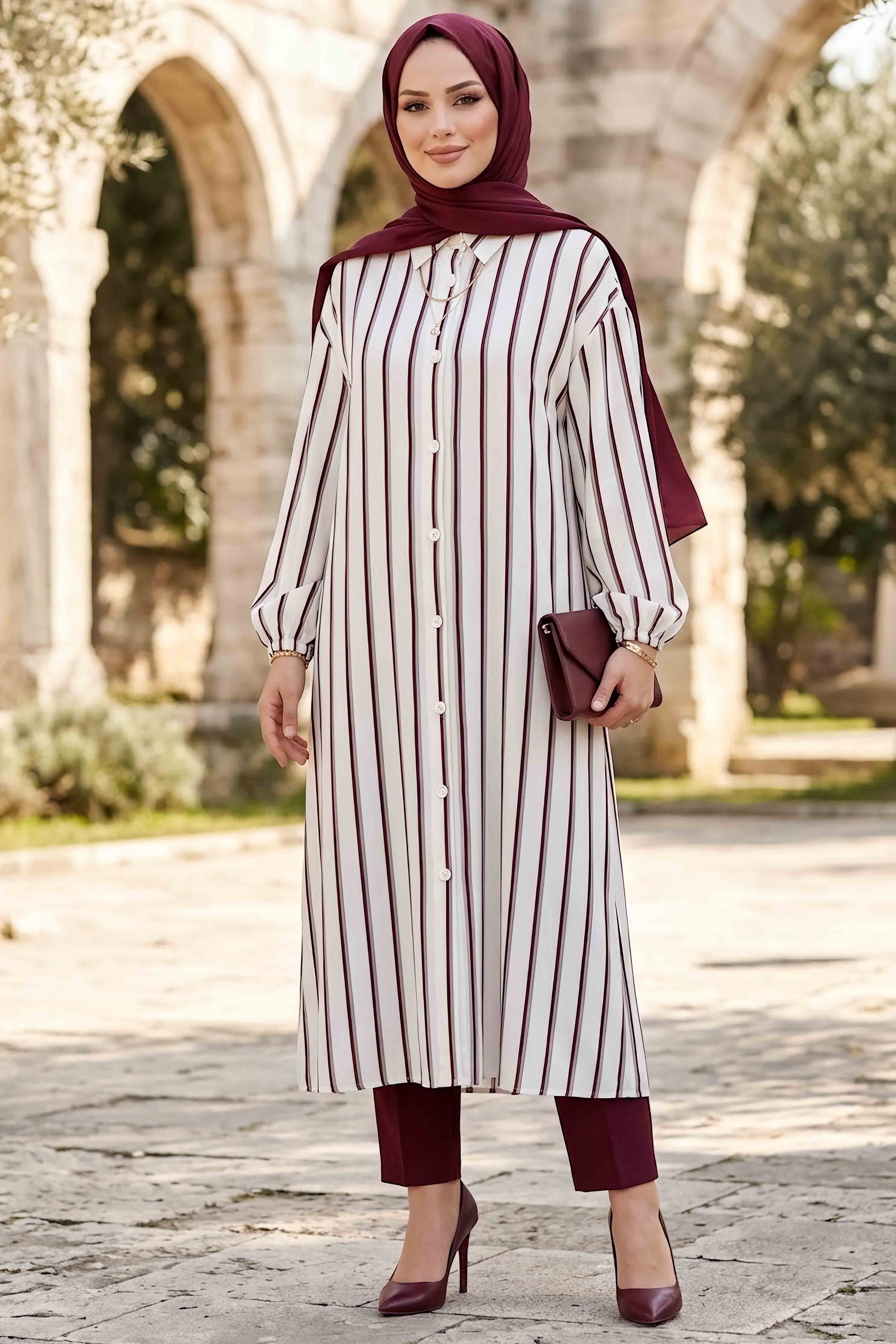 Çizgili Düğmeli Elbise Bordo - 28824-BORDO - 1