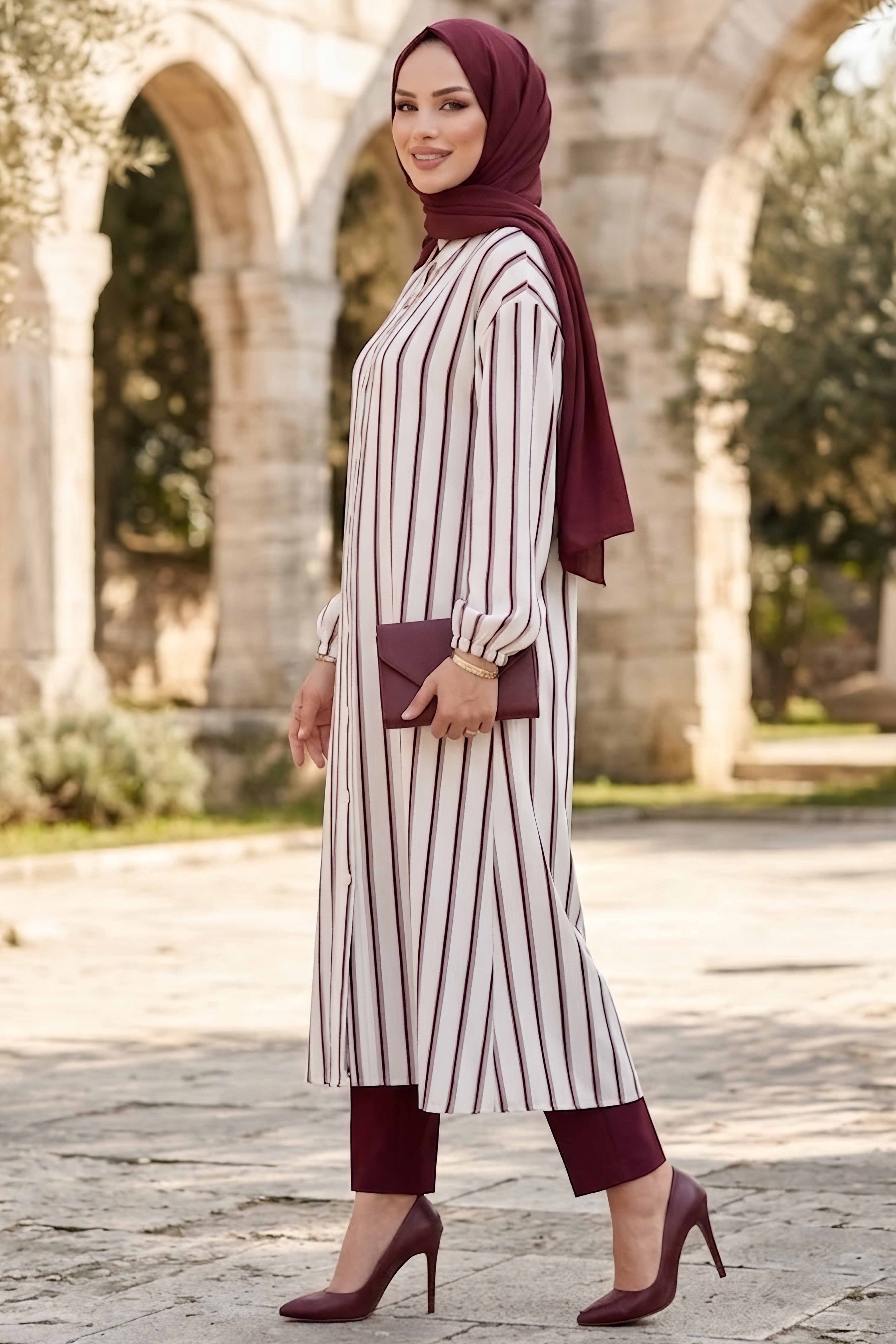 Çizgili Düğmeli Elbise Bordo - 28824-BORDO - 2