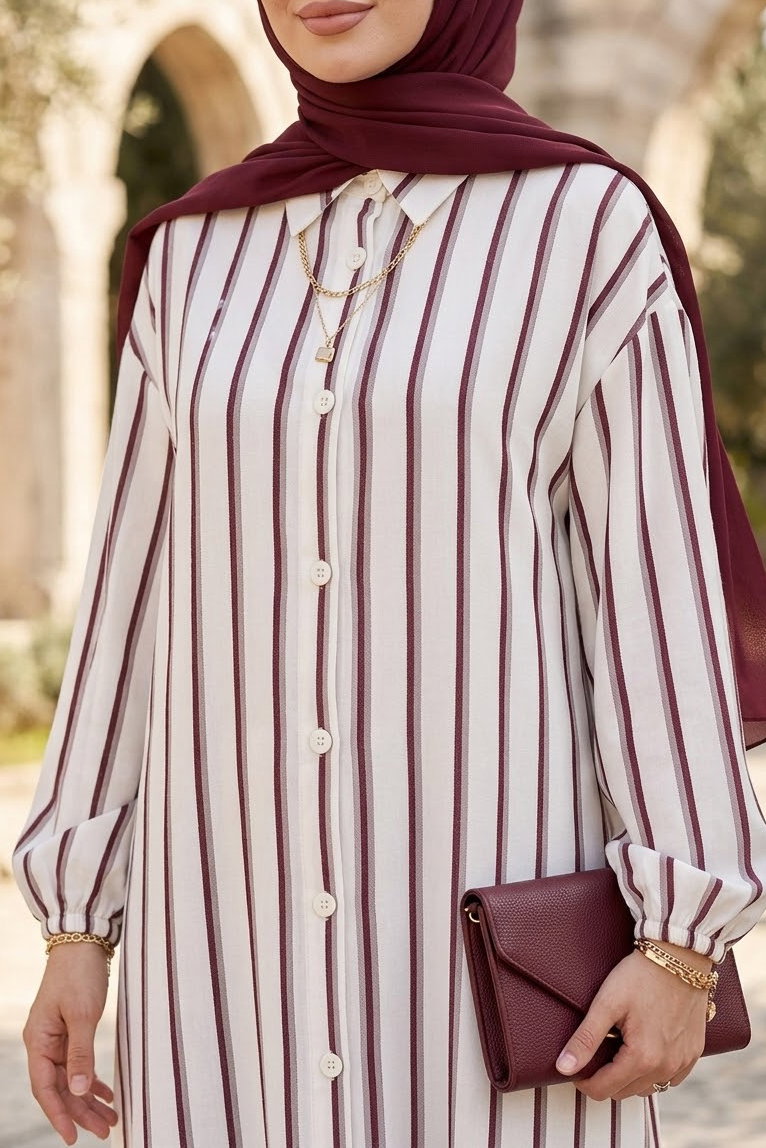 Çizgili Düğmeli Elbise Bordo - 28824-BORDO - 3